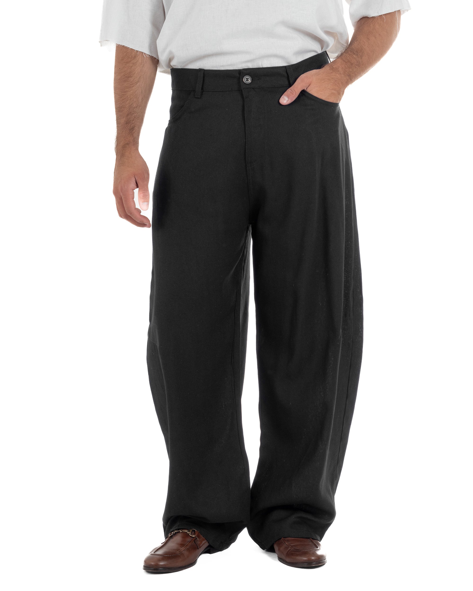 Pantaloni uomo nero lino baggy fit cinque tasche ricamo gamba vita regolare casual elegante