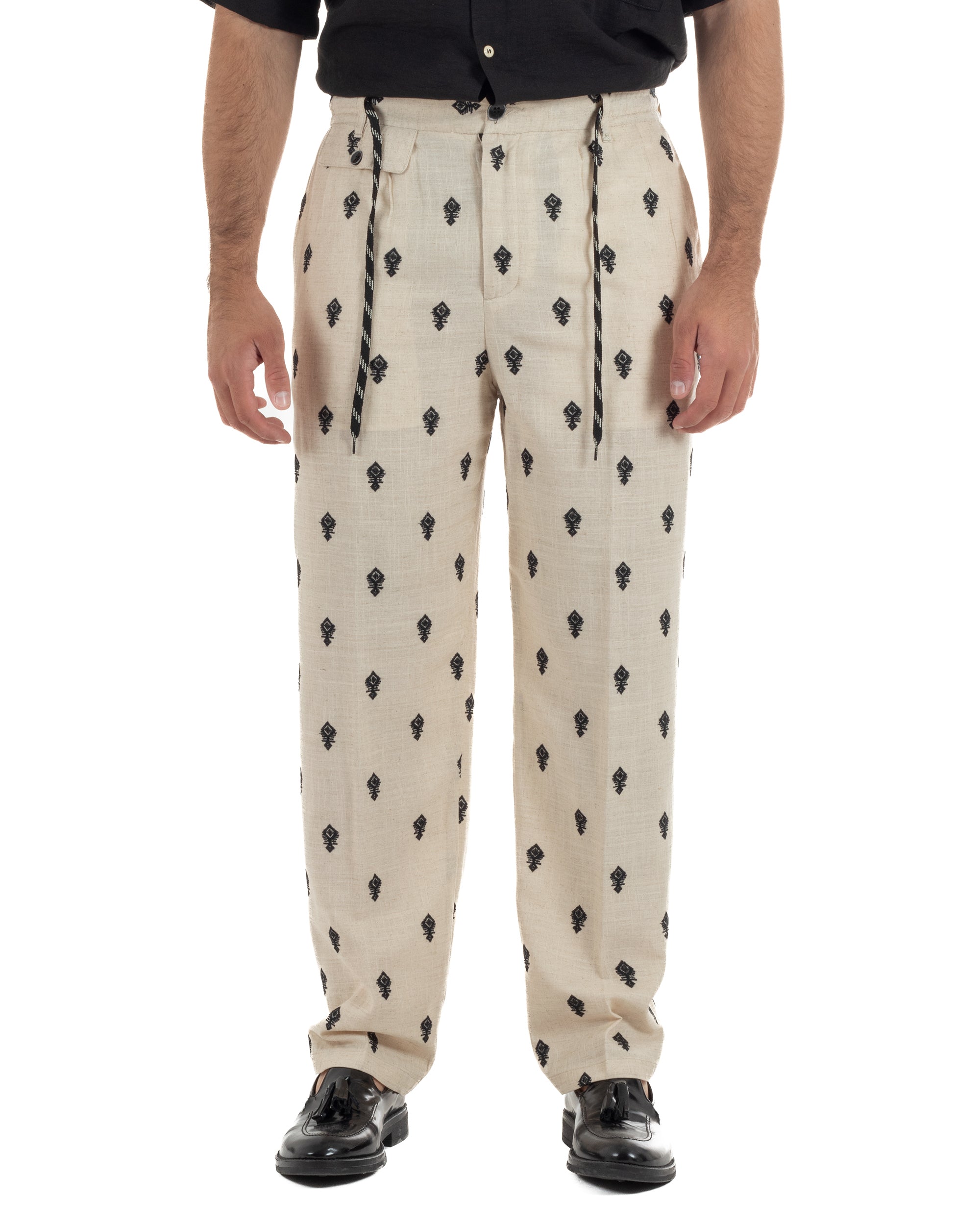 Pantaloni uomo pantalaccio lino ricamo cropped fit beige BERNA M-261402