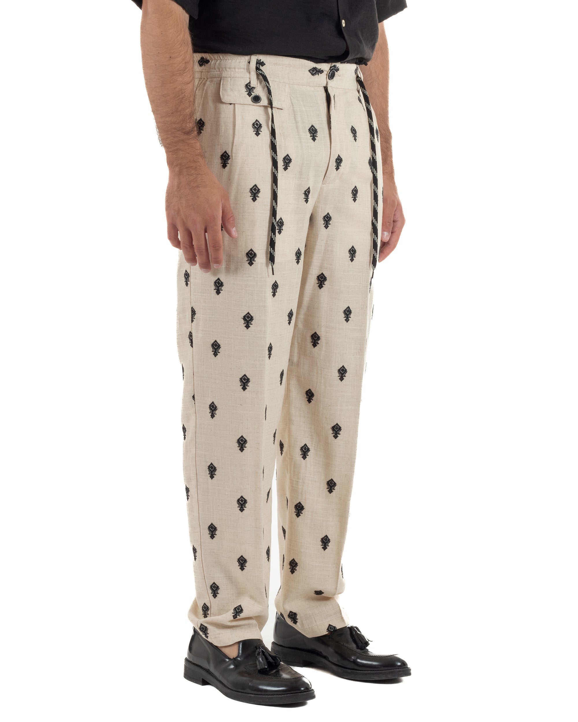 Pantaloni uomo pantalaccio lino ricamo cropped fit beige BERNA M-261402