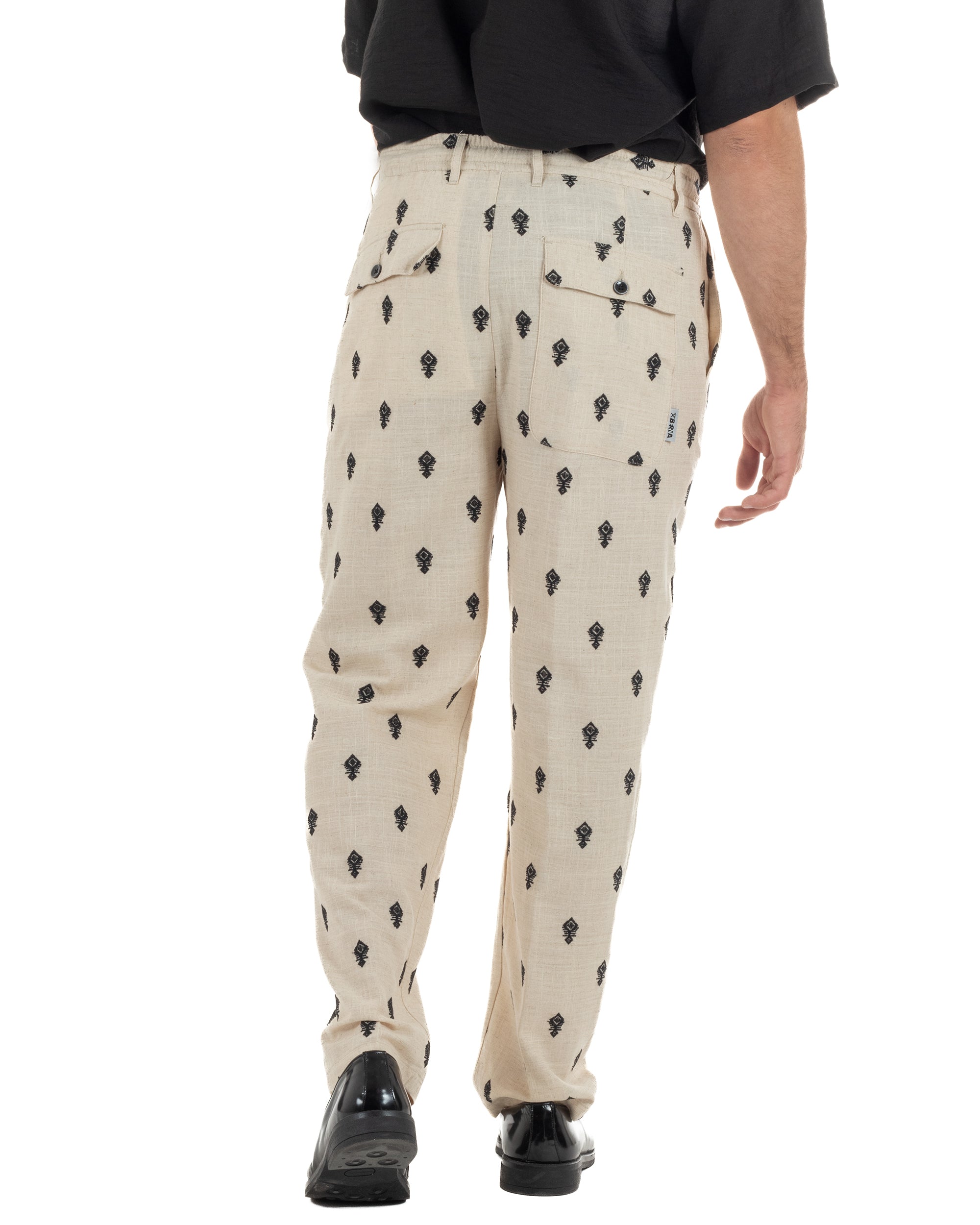 Pantaloni uomo pantalaccio lino ricamo cropped fit beige BERNA M-261402