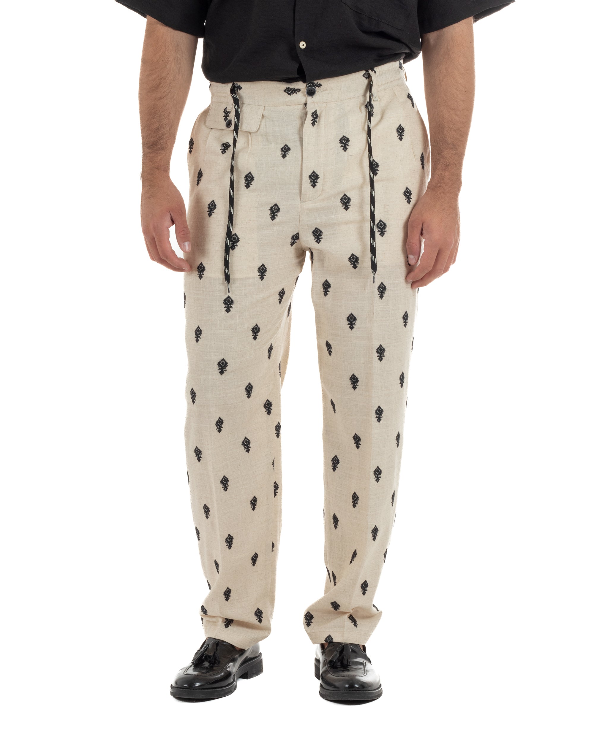 Pantaloni uomo pantalaccio lino ricamo cropped fit beige BERNA M-261402