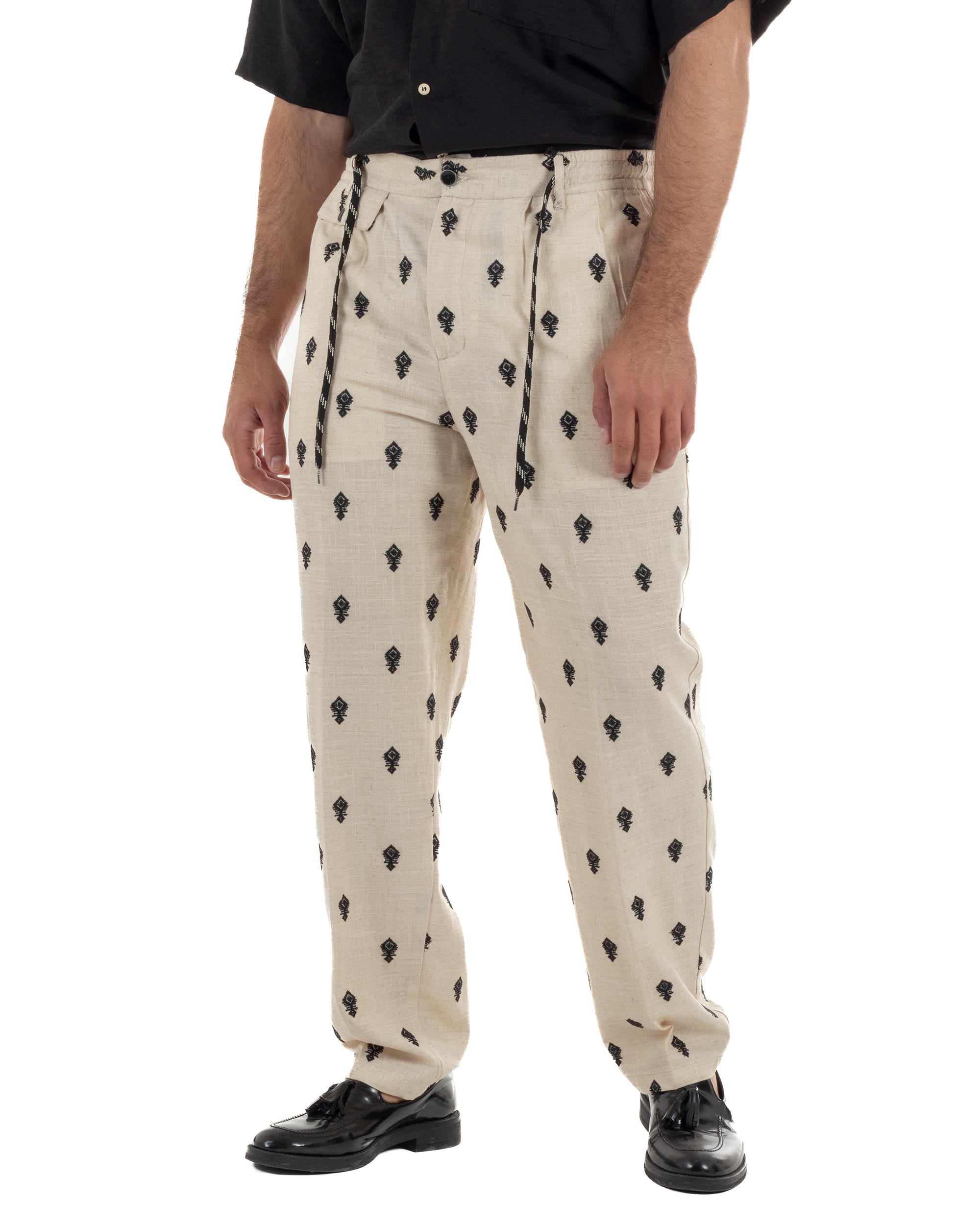 Pantaloni uomo pantalaccio lino ricamo cropped fit beige BERNA M-261402