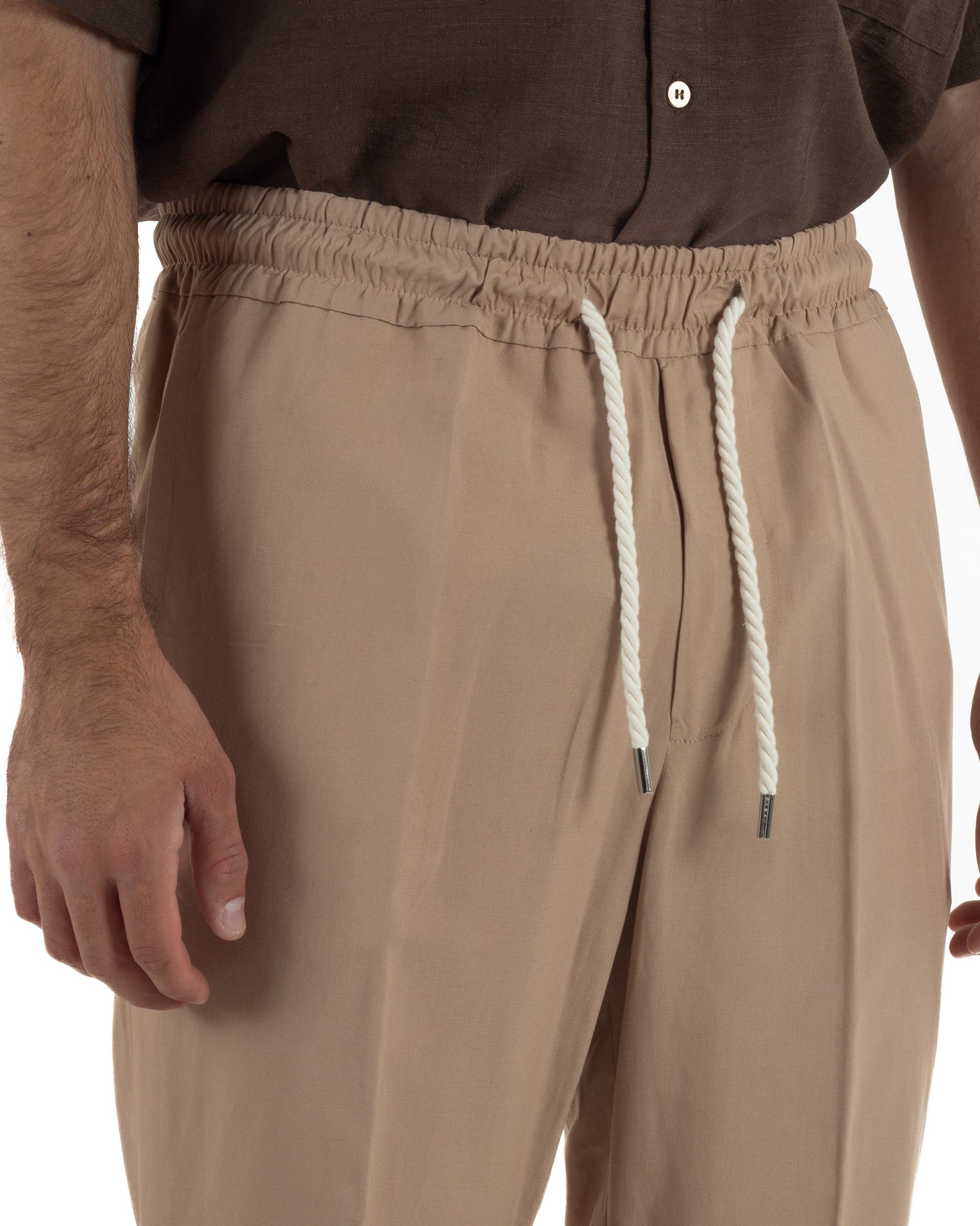 Pantalaccio uomo lino viscosa pantaloni coulisse relaxed fit camel BERNA M-261226