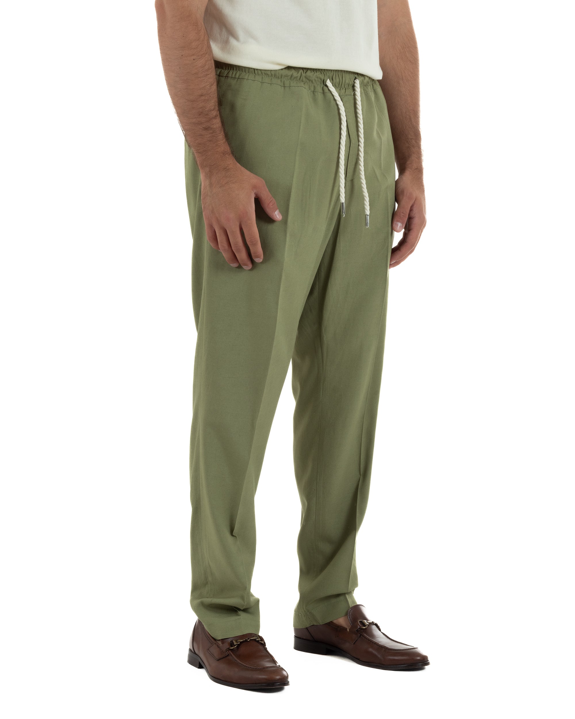Pantalaccio uomo lino viscosa pantaloni coulisse relaxed fit verde militare BERNA M-261226
