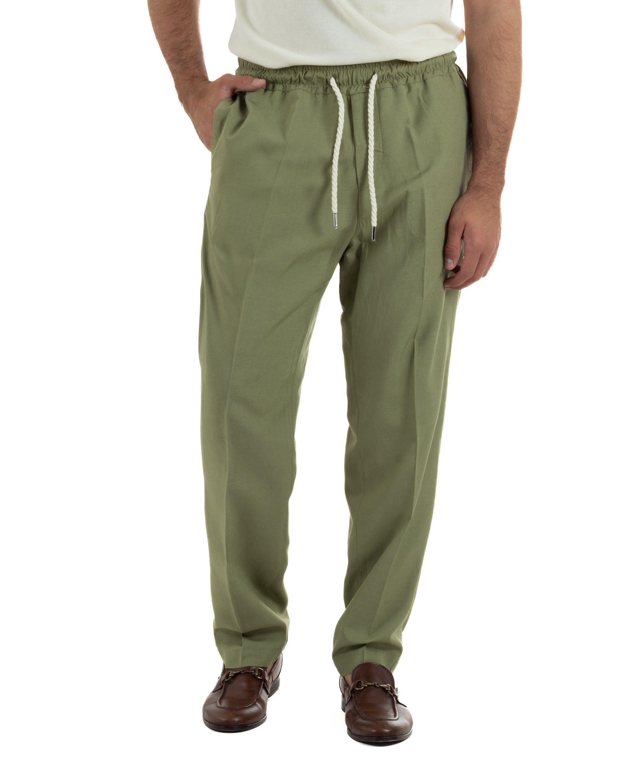 Pantalaccio uomo lino viscosa pantaloni coulisse relaxed fit verde militare BERNA M-261226