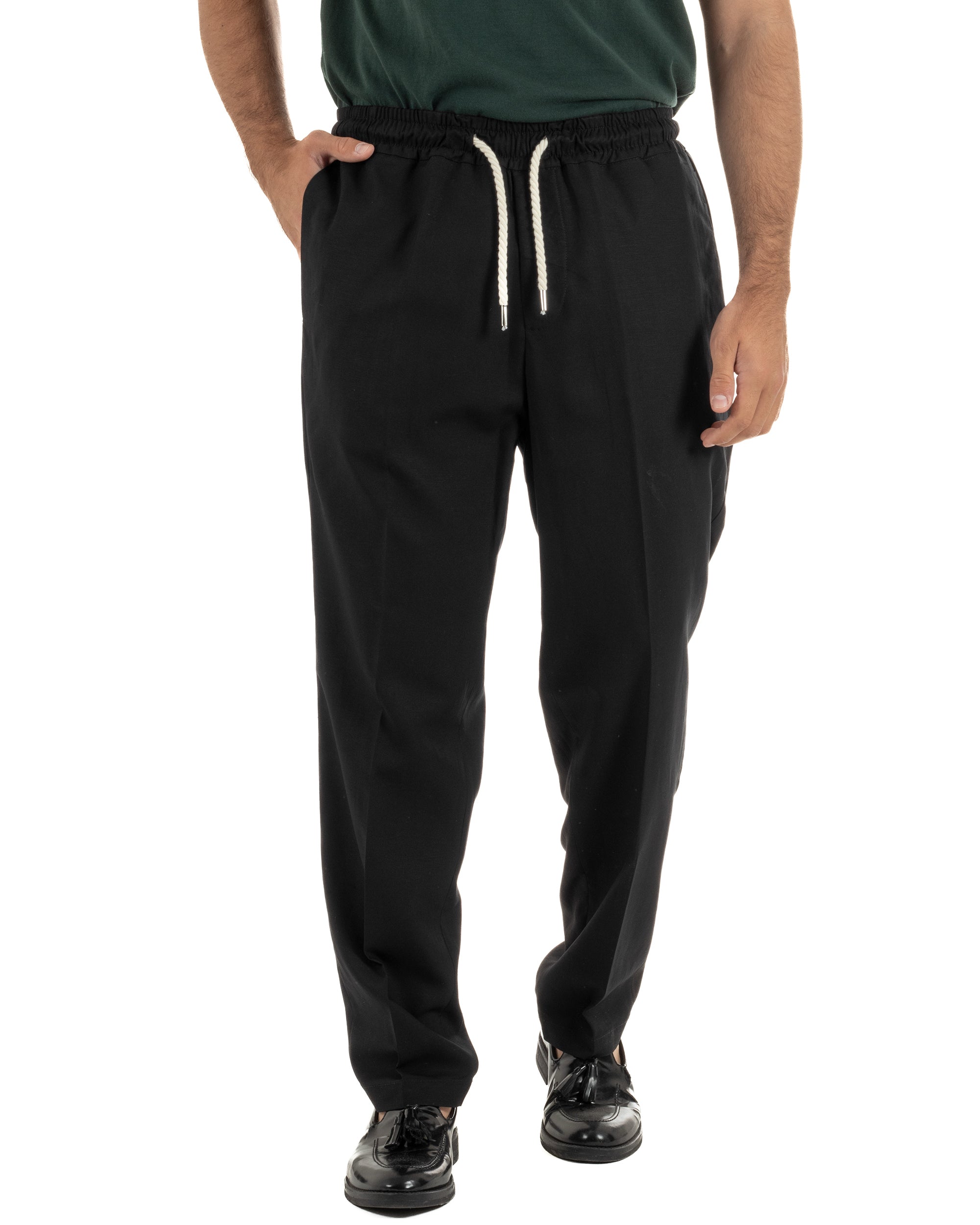 Pantalaccio uomo lino viscosa pantaloni coulisse relaxed fit nero BERNA M-261226
