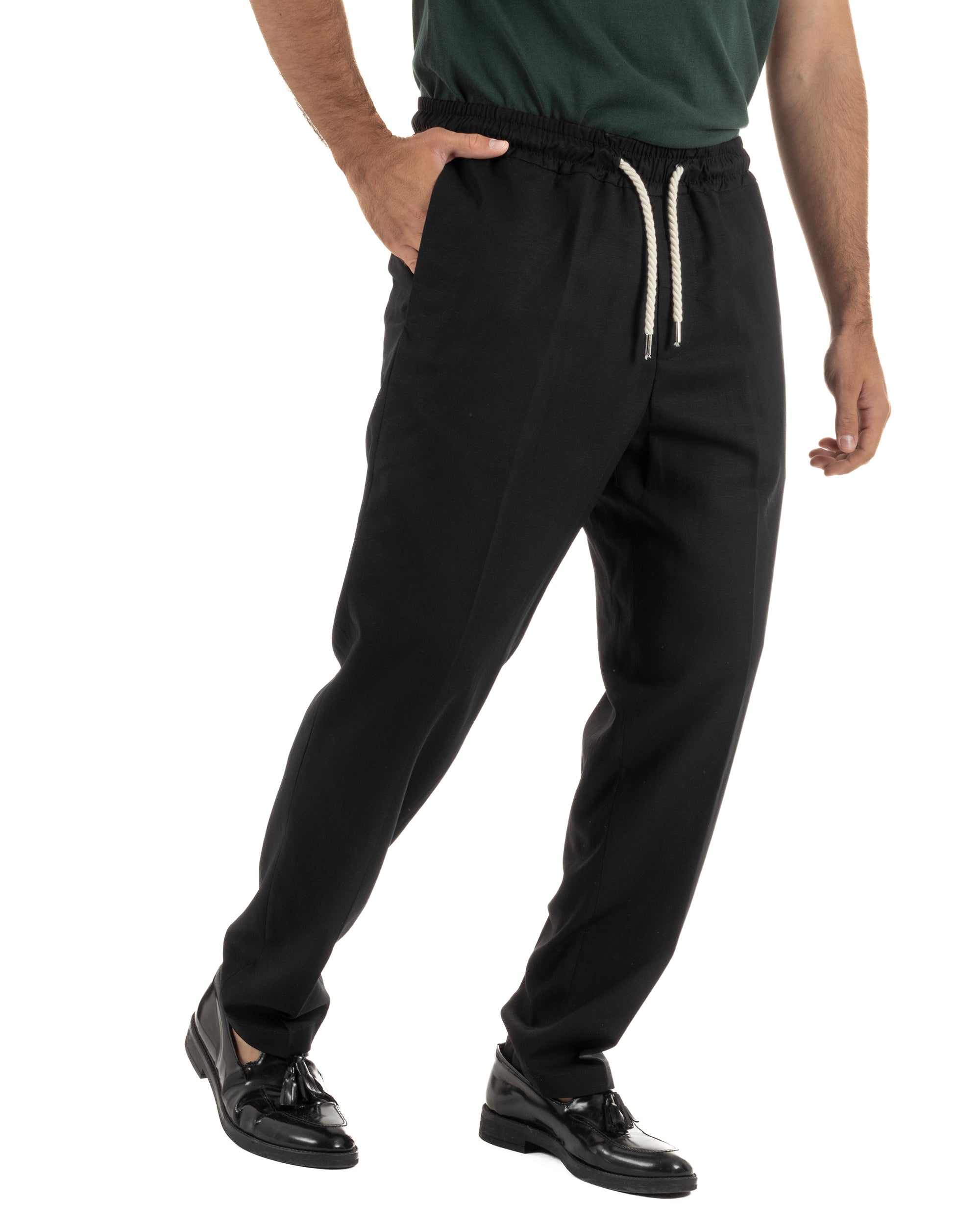 Pantalaccio uomo lino viscosa pantaloni coulisse relaxed fit nero BERNA M-261226