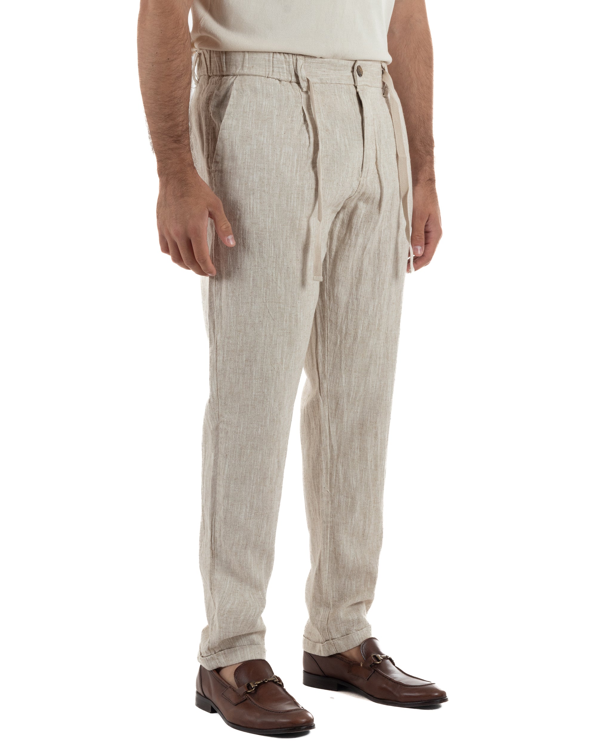 Pantaloni pantalaccio uomo lino sartoriale coulisse beige melangiato GIOSAL-P6508A