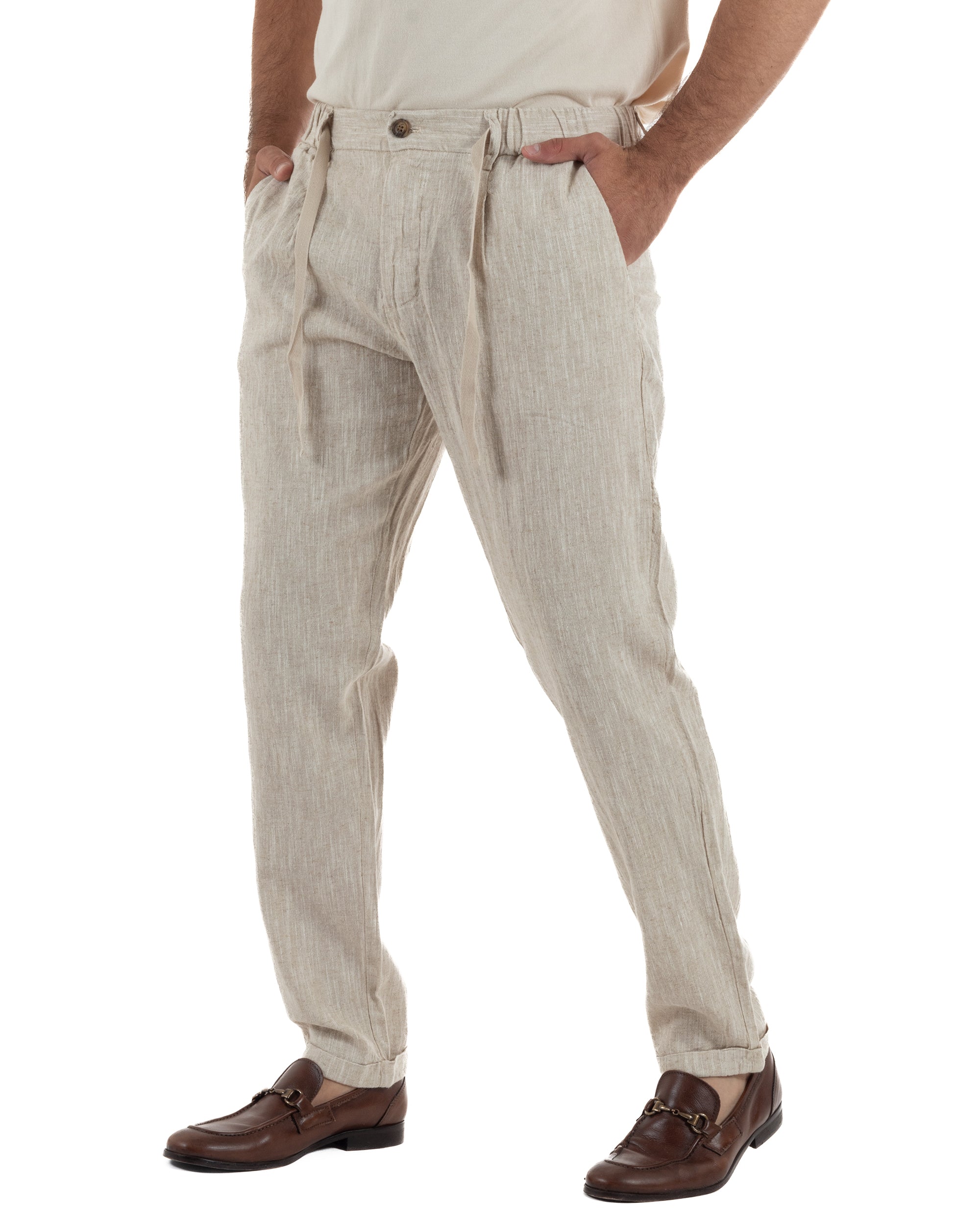 Pantaloni pantalaccio uomo lino sartoriale coulisse beige melangiato GIOSAL-P6508A