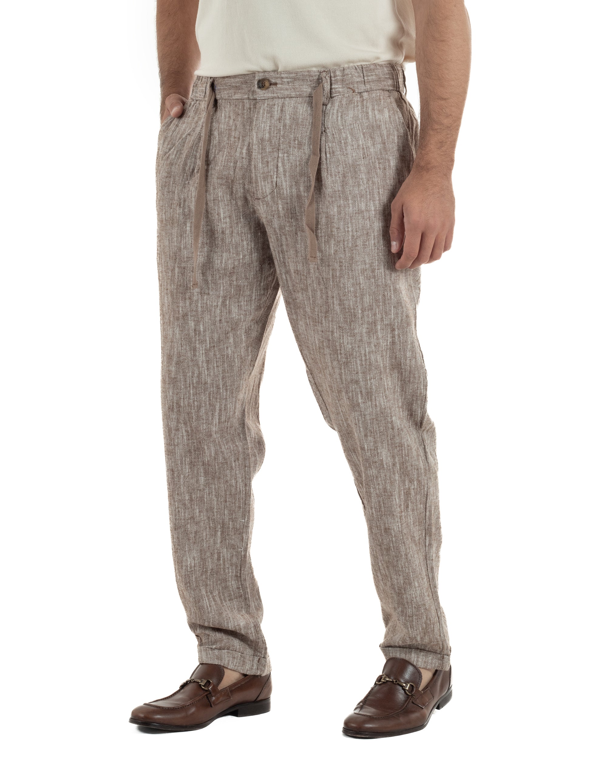 Pantaloni pantalaccio uomo lino sartoriale coulisse fango melangiato GIOSAL-P6509A