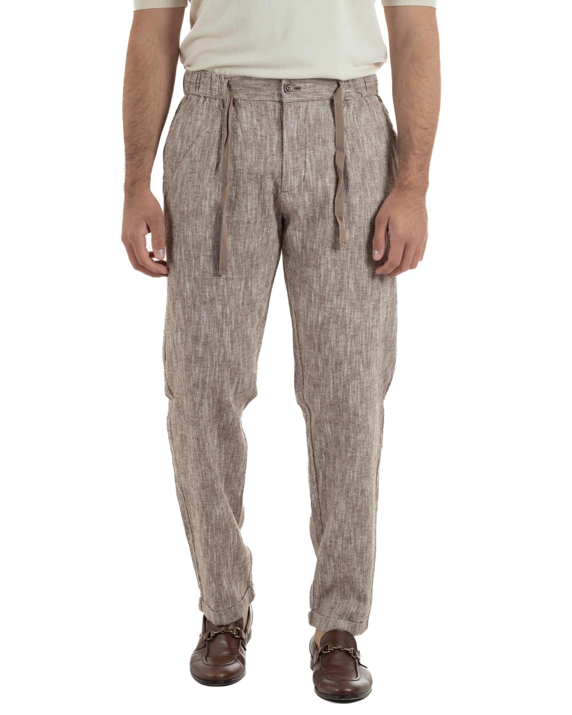 Pantaloni pantalaccio uomo lino sartoriale coulisse fango melangiato GIOSAL-P6509A