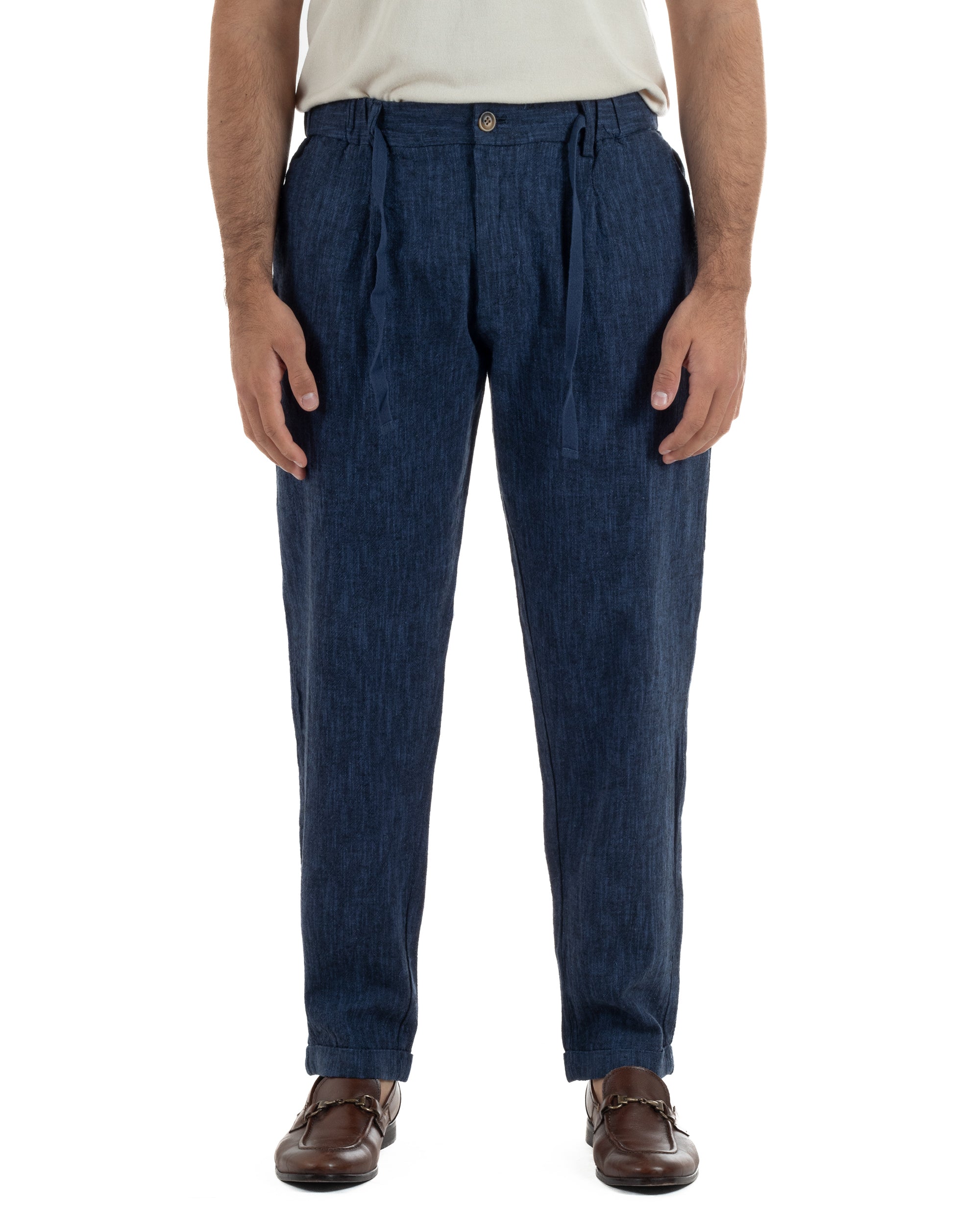 Pantaloni pantalaccio uomo lino sartoriale coulisse blu melangiato GIOSAL-P6510A