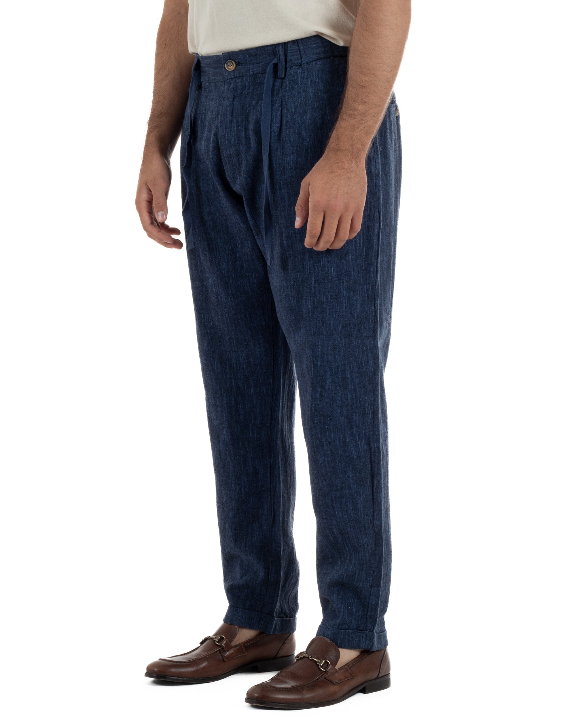 Pantaloni pantalaccio uomo lino sartoriale coulisse blu melangiato GIOSAL-P6510A