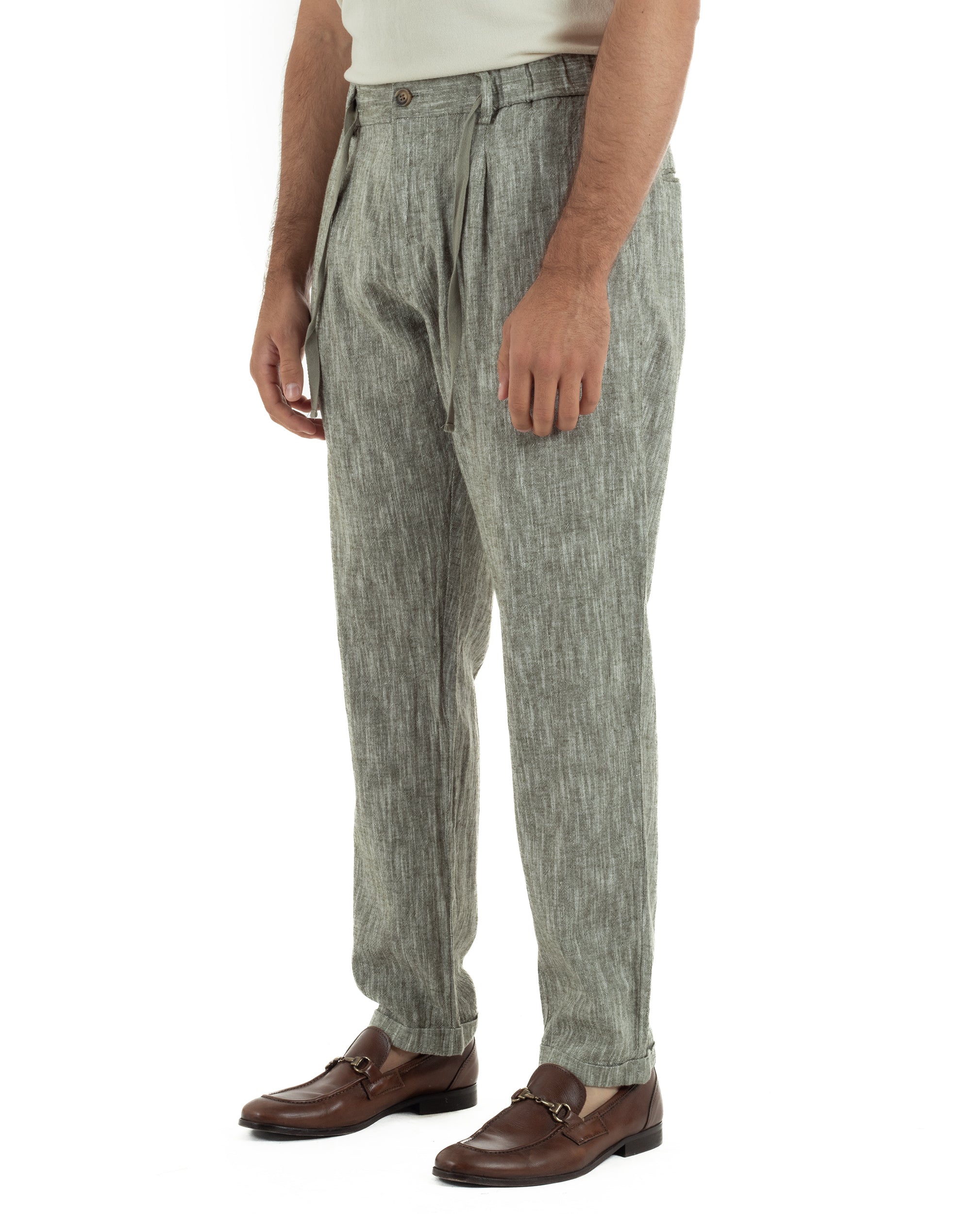 Pantaloni pantalaccio uomo lino sartoriale coulisse verde melangiato GIOSAL-P6511A