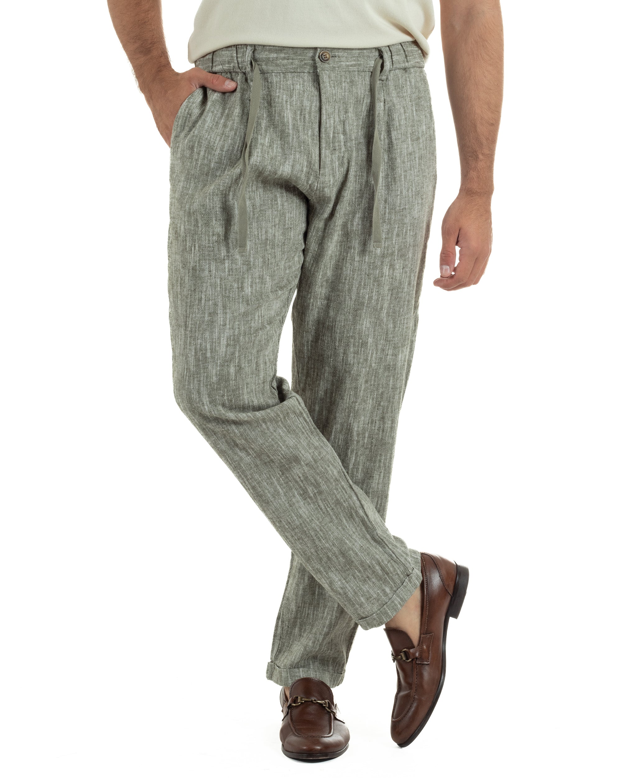 Pantaloni pantalaccio uomo lino sartoriale coulisse verde melangiato GIOSAL-P6511A
