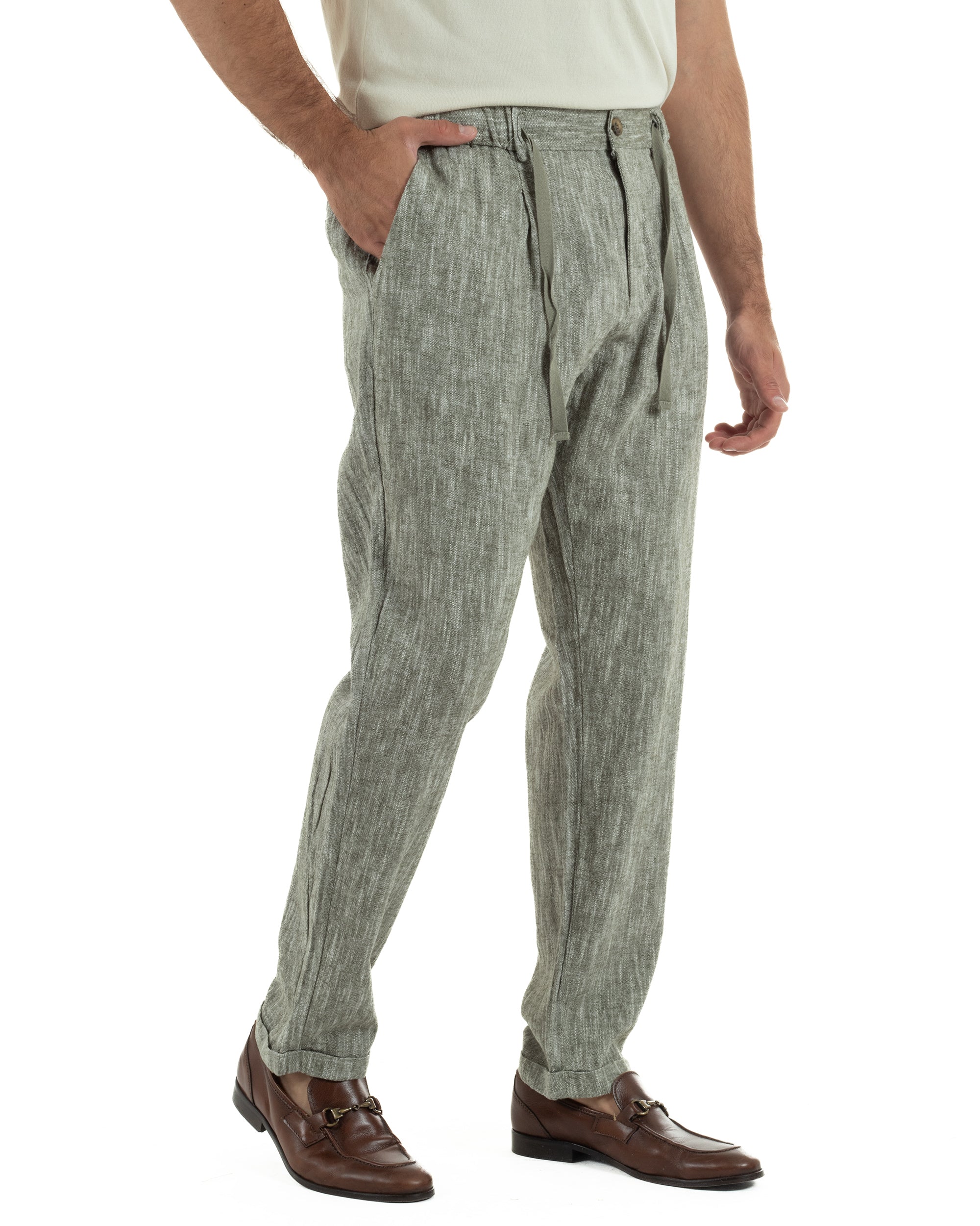 Pantaloni pantalaccio uomo lino sartoriale coulisse verde melangiato GIOSAL-P6511A
