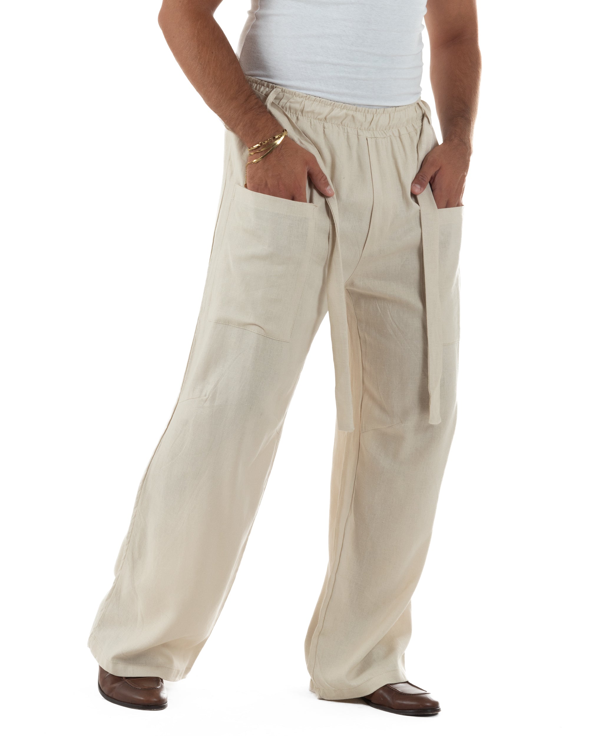 Pantaloni lino uomo baggy fit tasconi cintura beige GIOSAL-P6517A