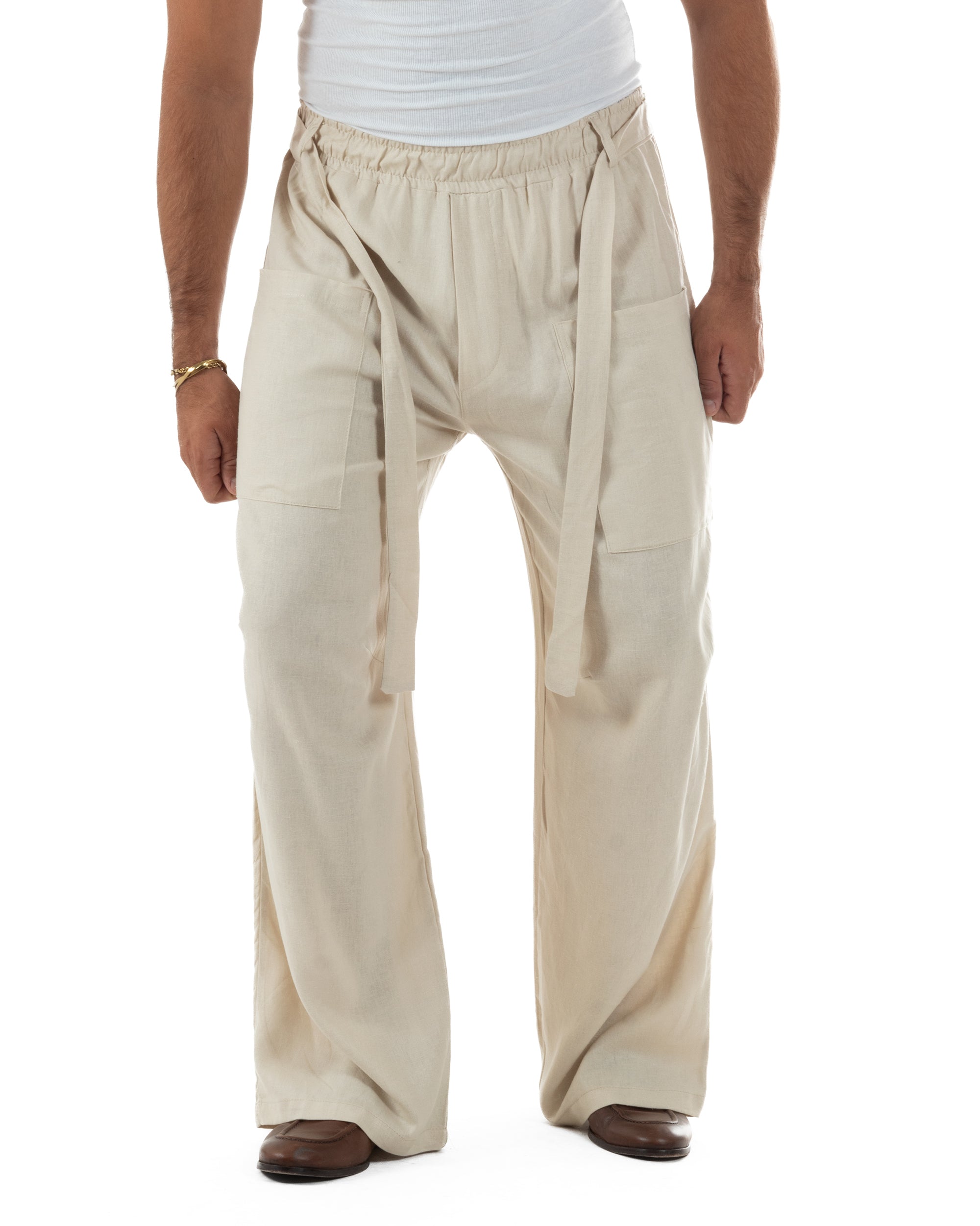 Pantaloni lino uomo baggy fit tasconi cintura beige GIOSAL-P6517A