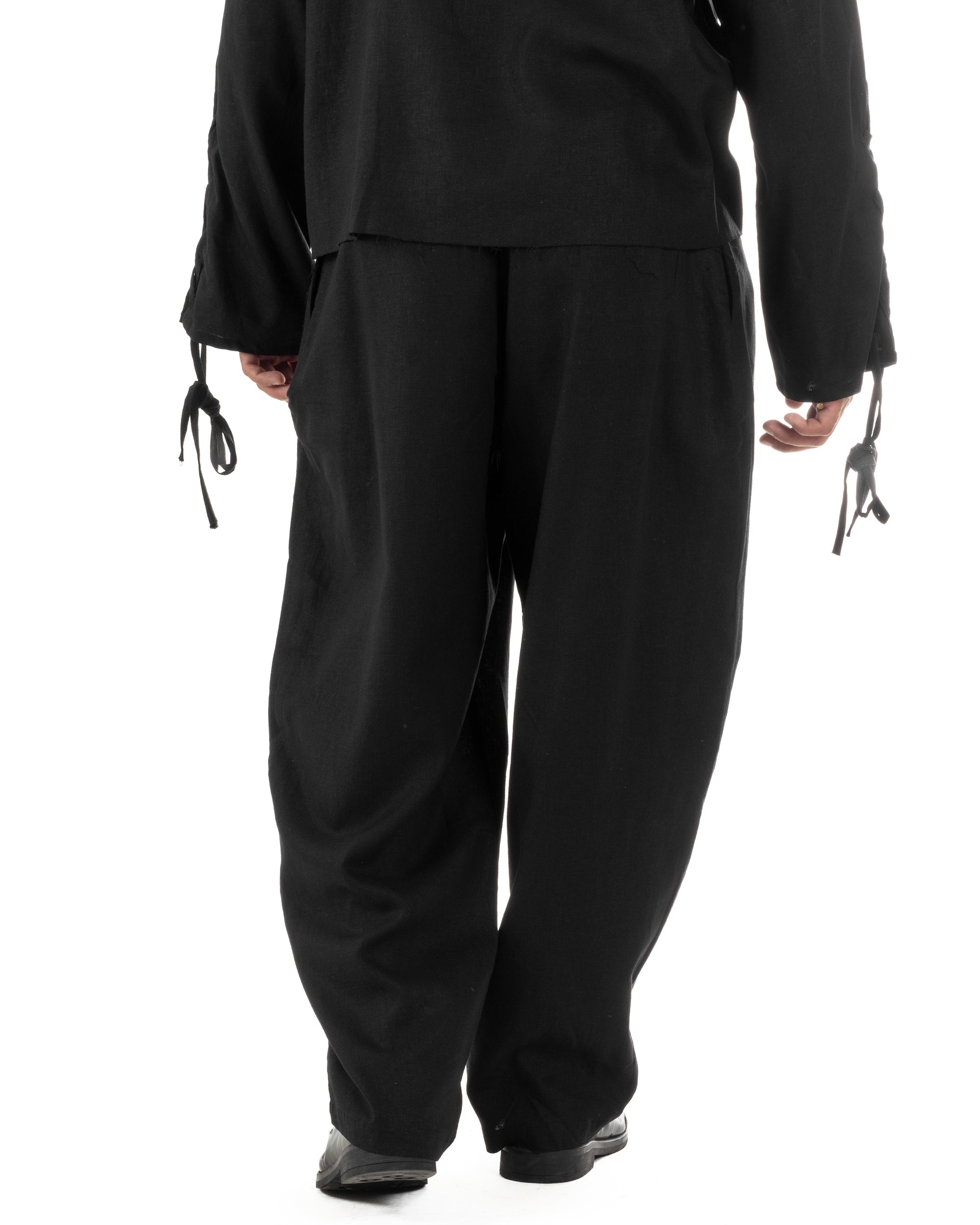 Pantaloni uomo lino baggy wide fit pinces estivo nero GIOSAL-P6519A
