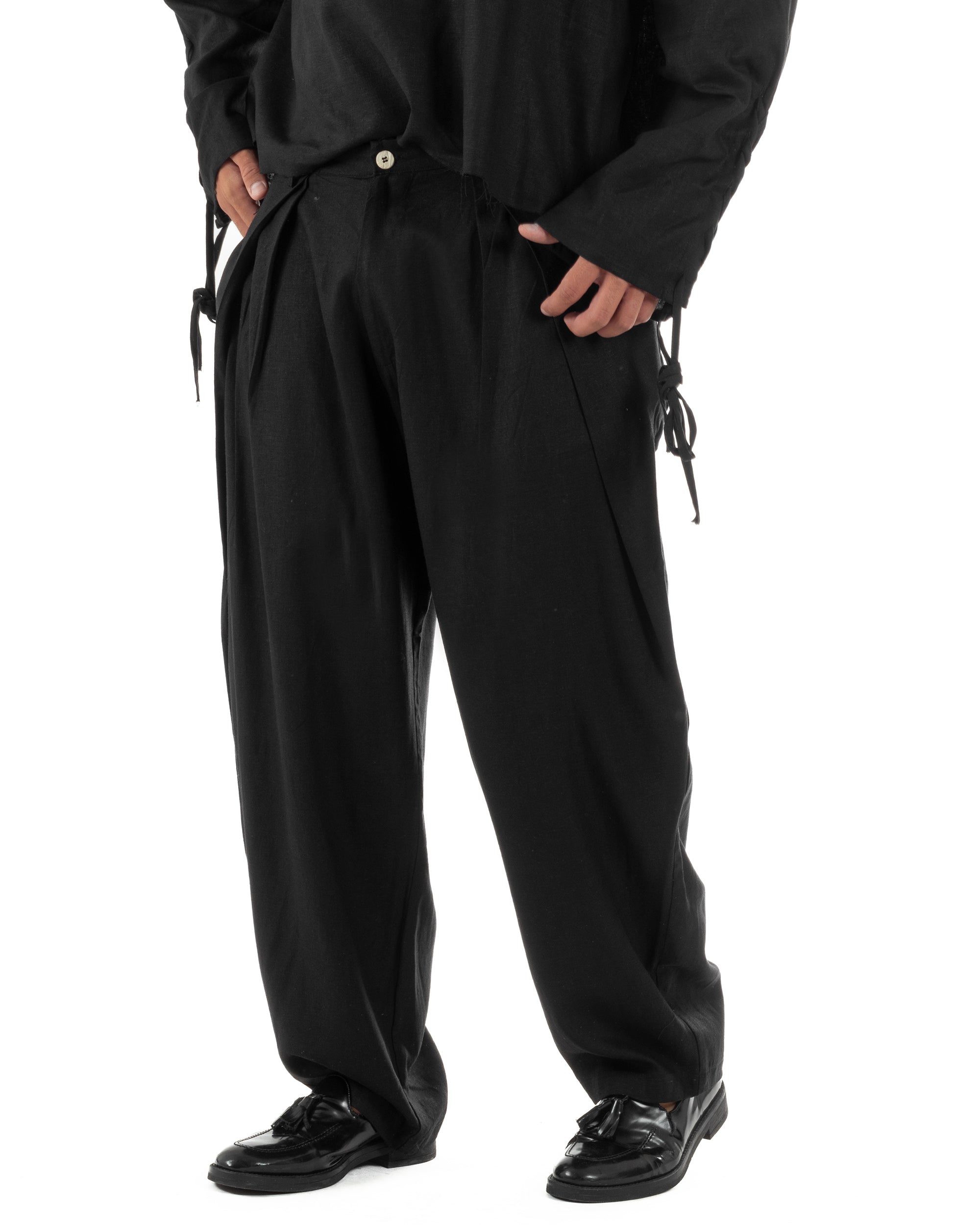 Pantaloni uomo lino baggy wide fit pinces estivo nero GIOSAL-P6519A