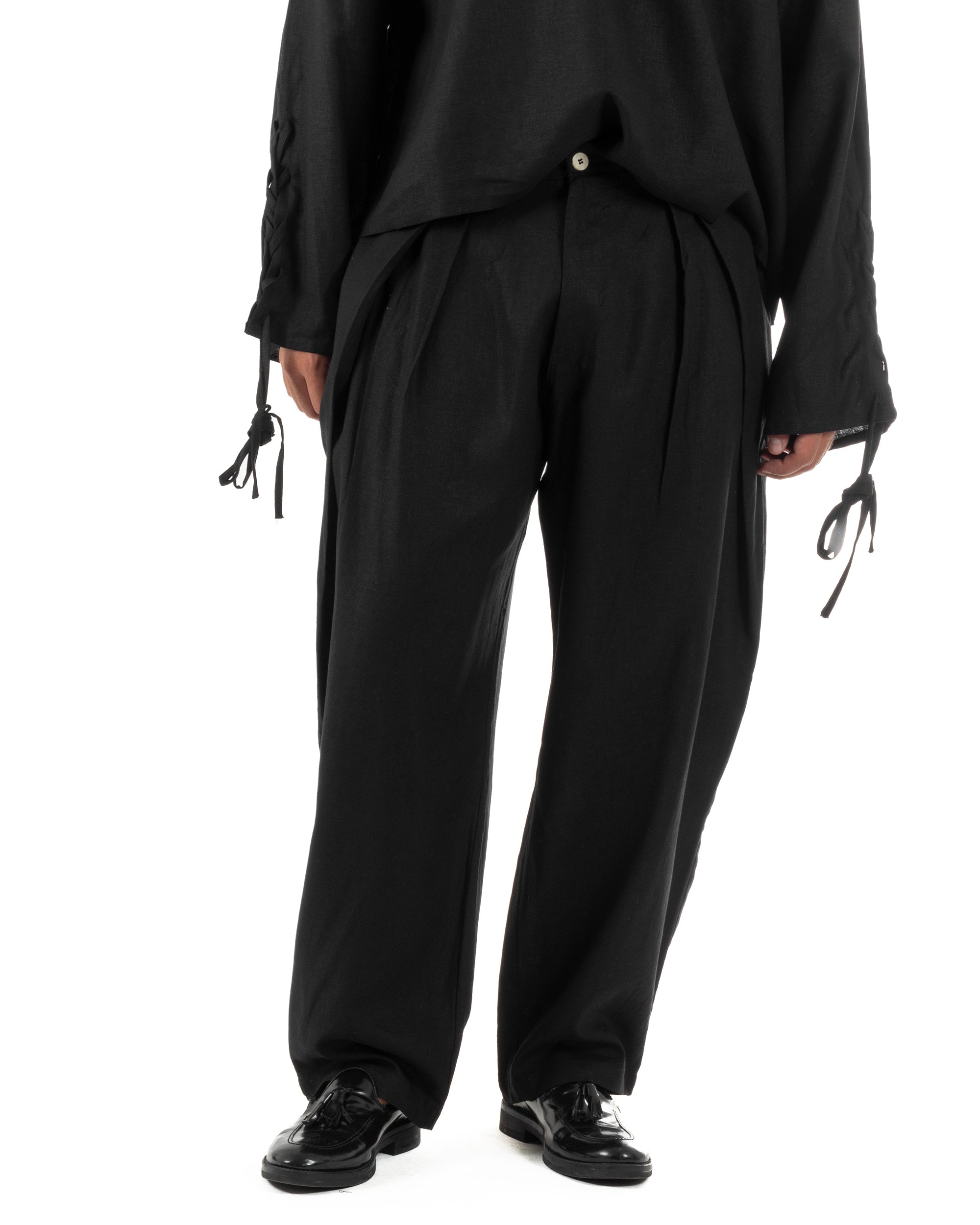 Pantaloni uomo lino baggy wide fit pinces estivo nero GIOSAL-P6519A