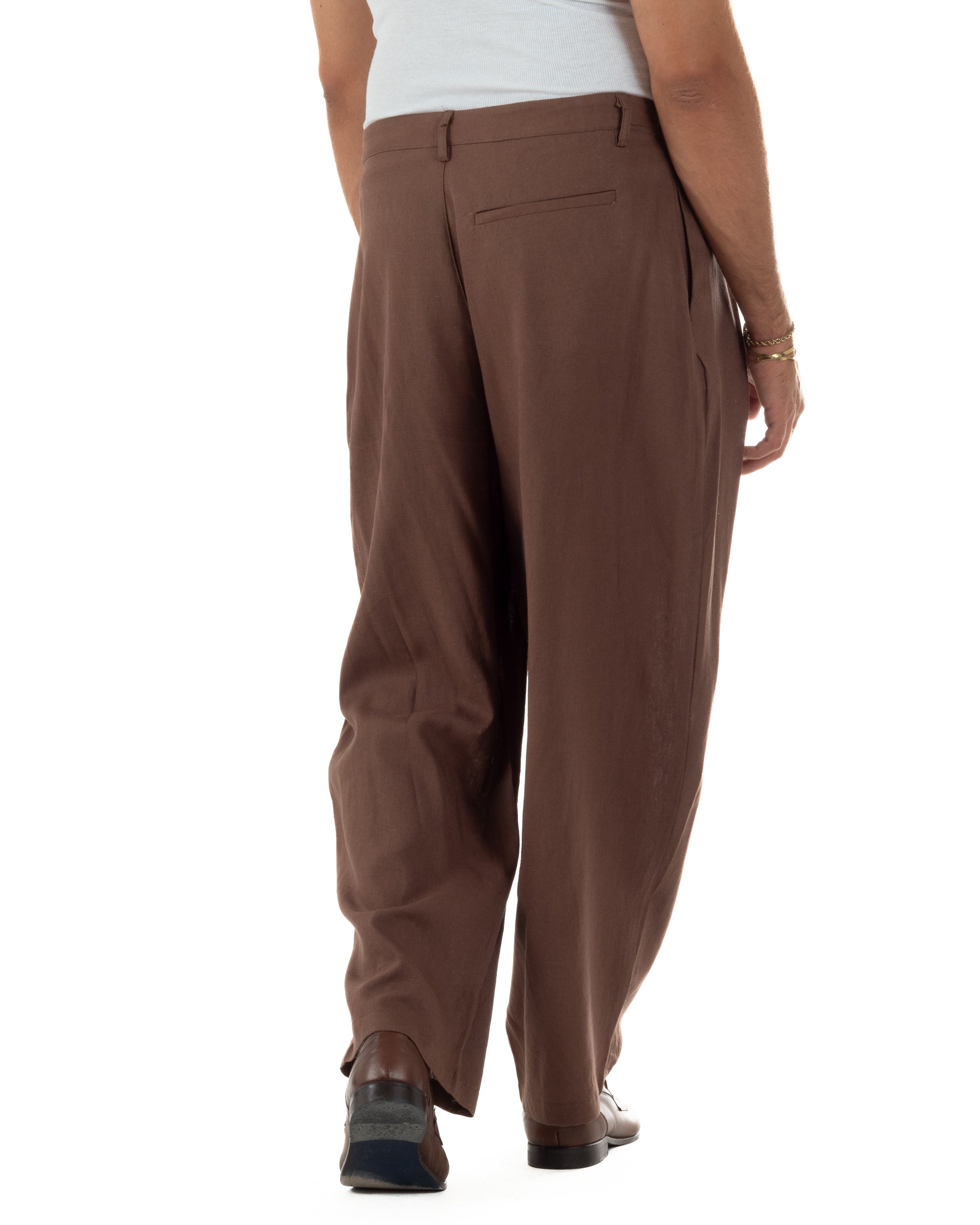 Pantaloni uomo lino baggy wide fit pinces estivo marrone GIOSAL-P6520A