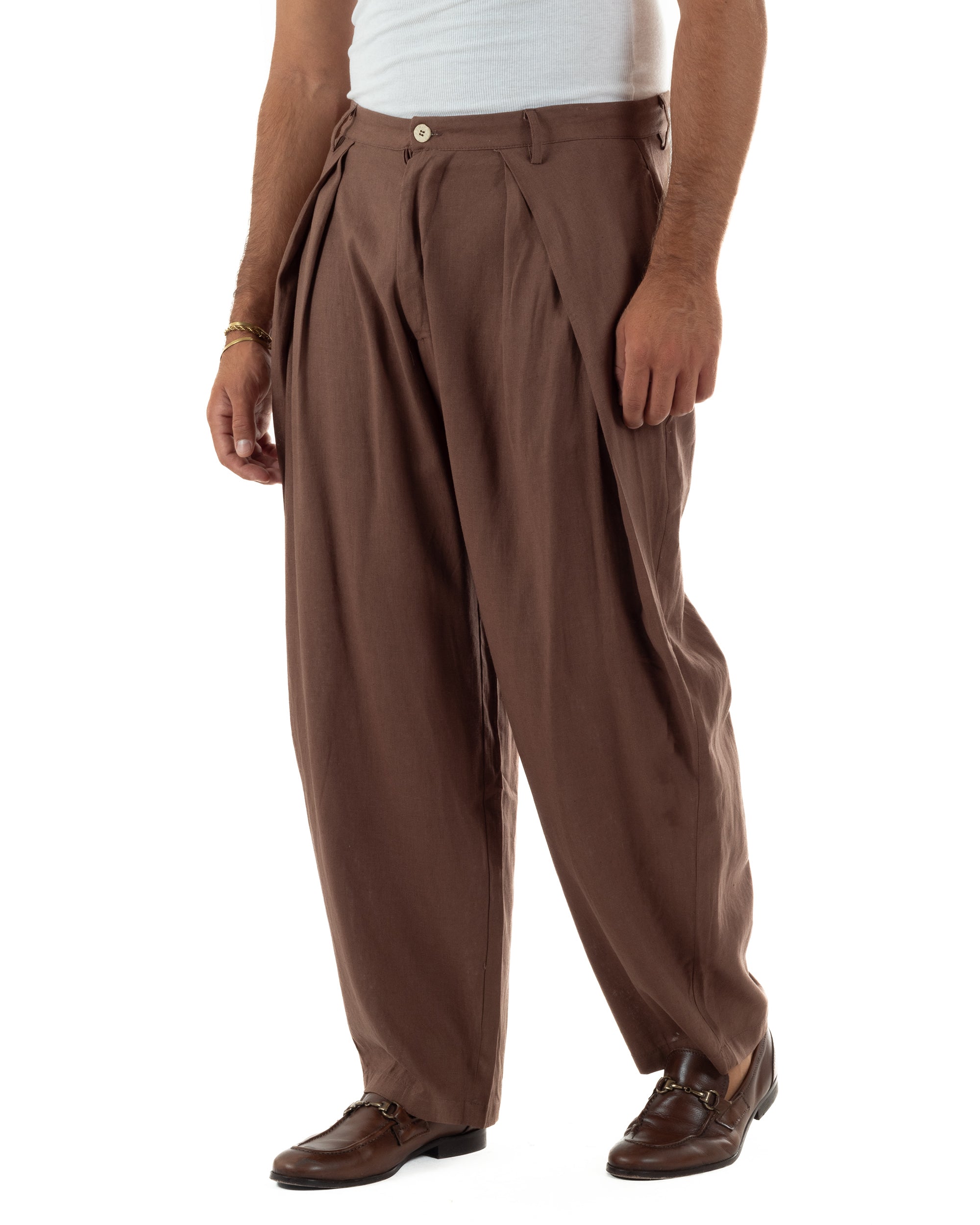 Pantaloni uomo lino baggy wide fit pinces estivo marrone GIOSAL-P6520A