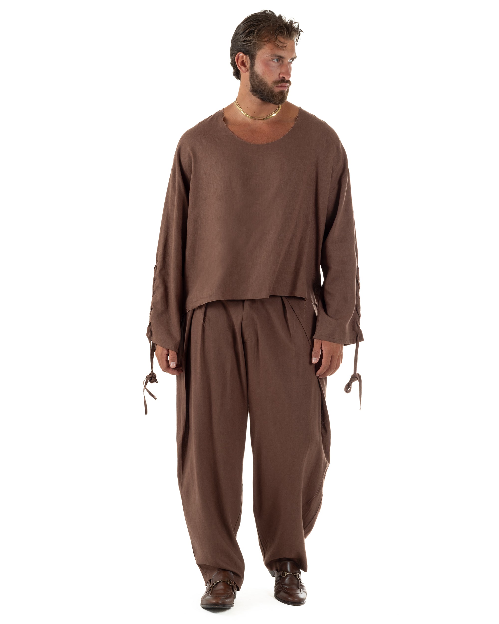 Pantaloni uomo lino baggy wide fit pinces estivo marrone GIOSAL-P6520A
