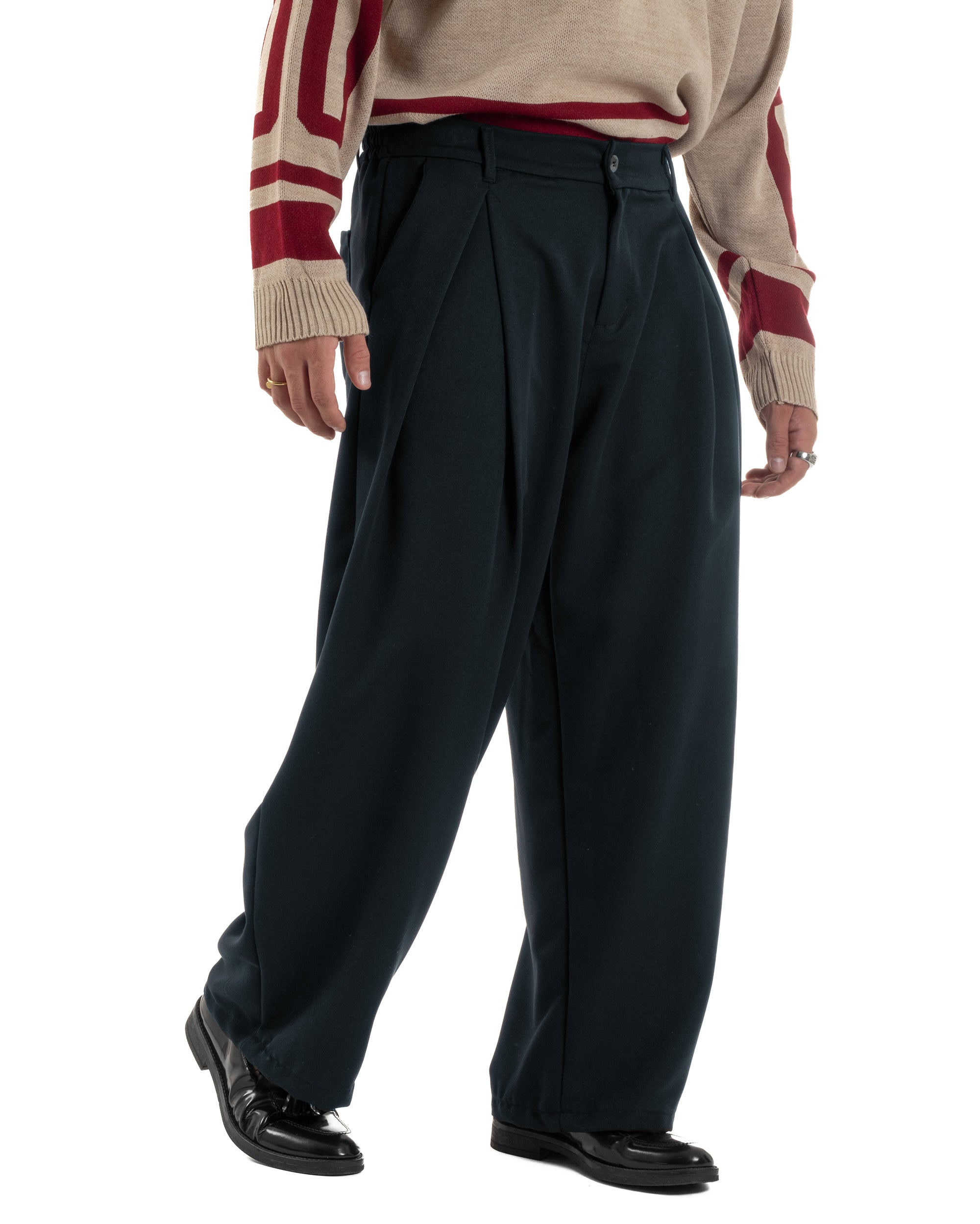 Pantaloni uomo viscosa baggy wide fit pinces blu P6523A