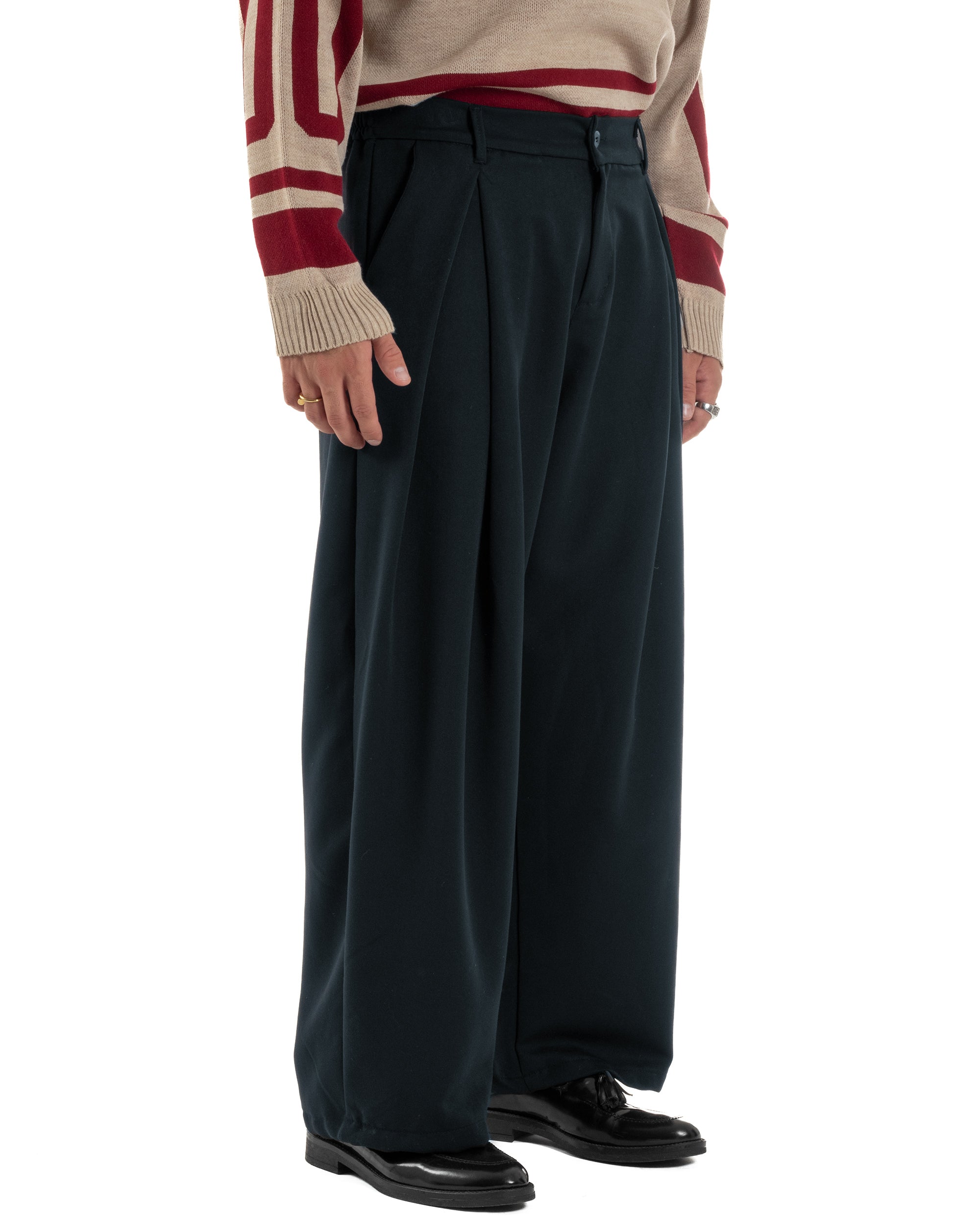 Pantaloni uomo viscosa baggy wide fit pinces blu P6523A