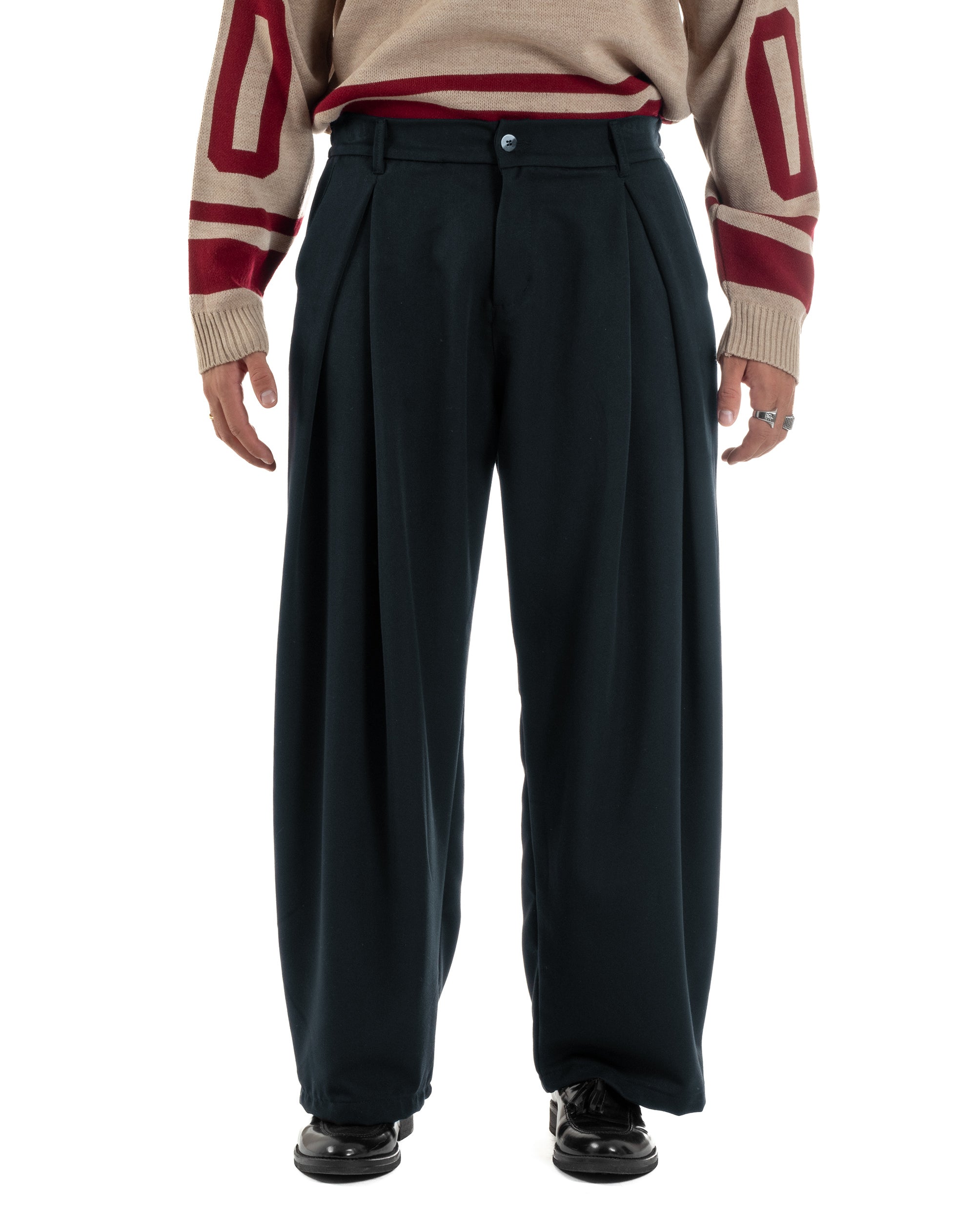 Pantaloni uomo viscosa baggy wide fit pinces blu P6523A