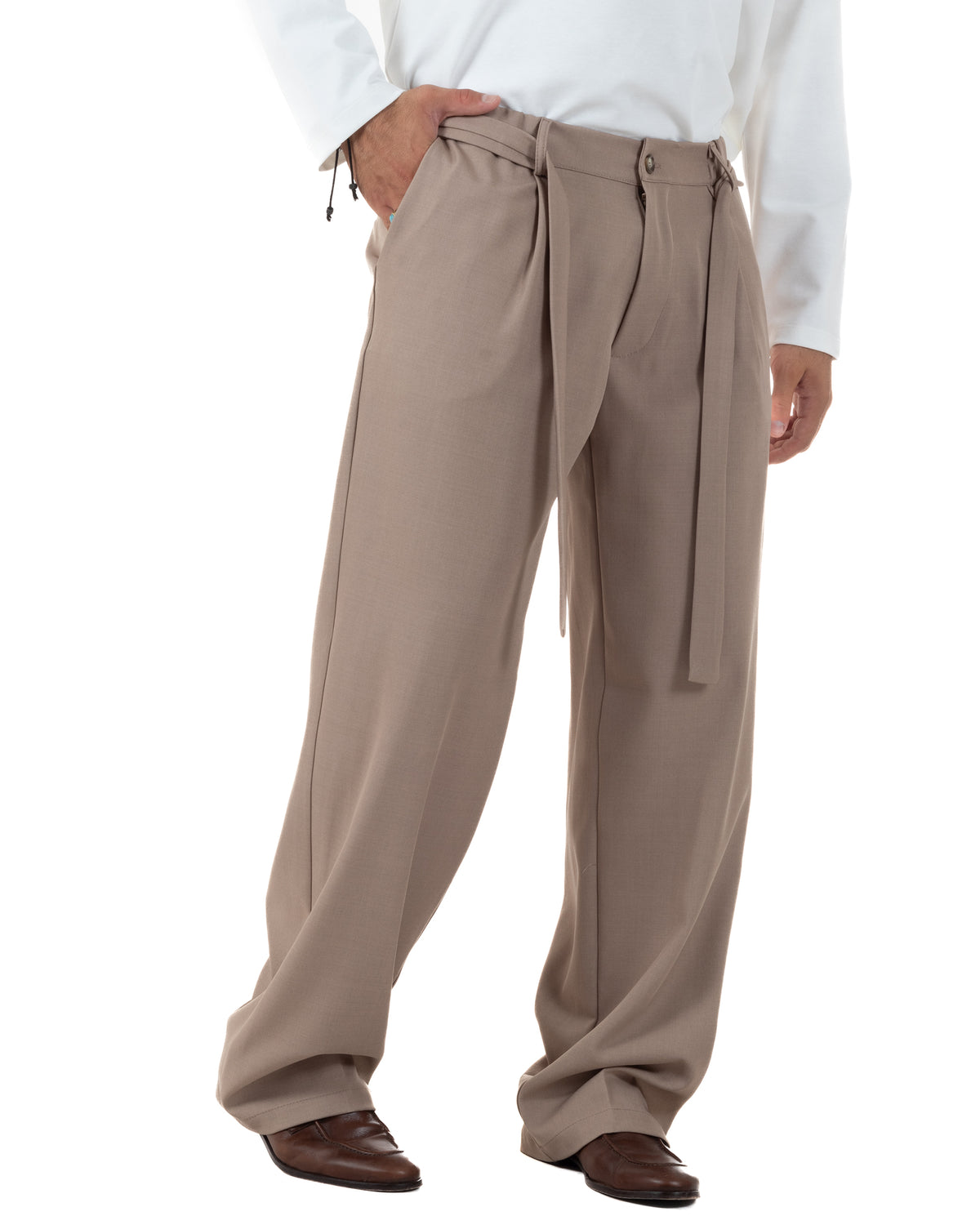 Pantaloni Uomo Viscosa Palazzo Fondo Ampio Cintura Baggy Beige P6526A