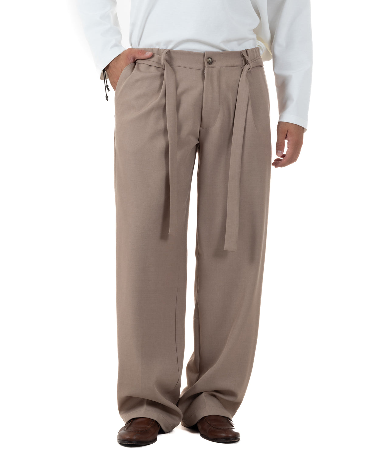 Pantaloni Uomo Viscosa Palazzo Fondo Ampio Cintura Baggy Beige P6526A