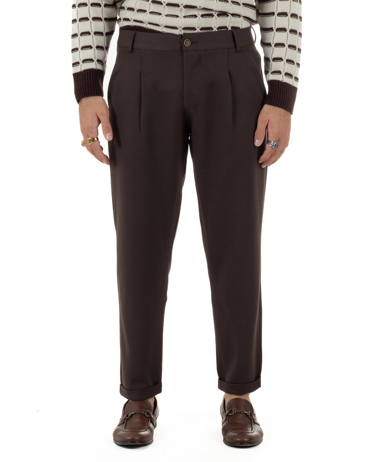 Pantaloni uomo viscosa eleganti affusolata con pinces marrone GIOSAL-P6535A