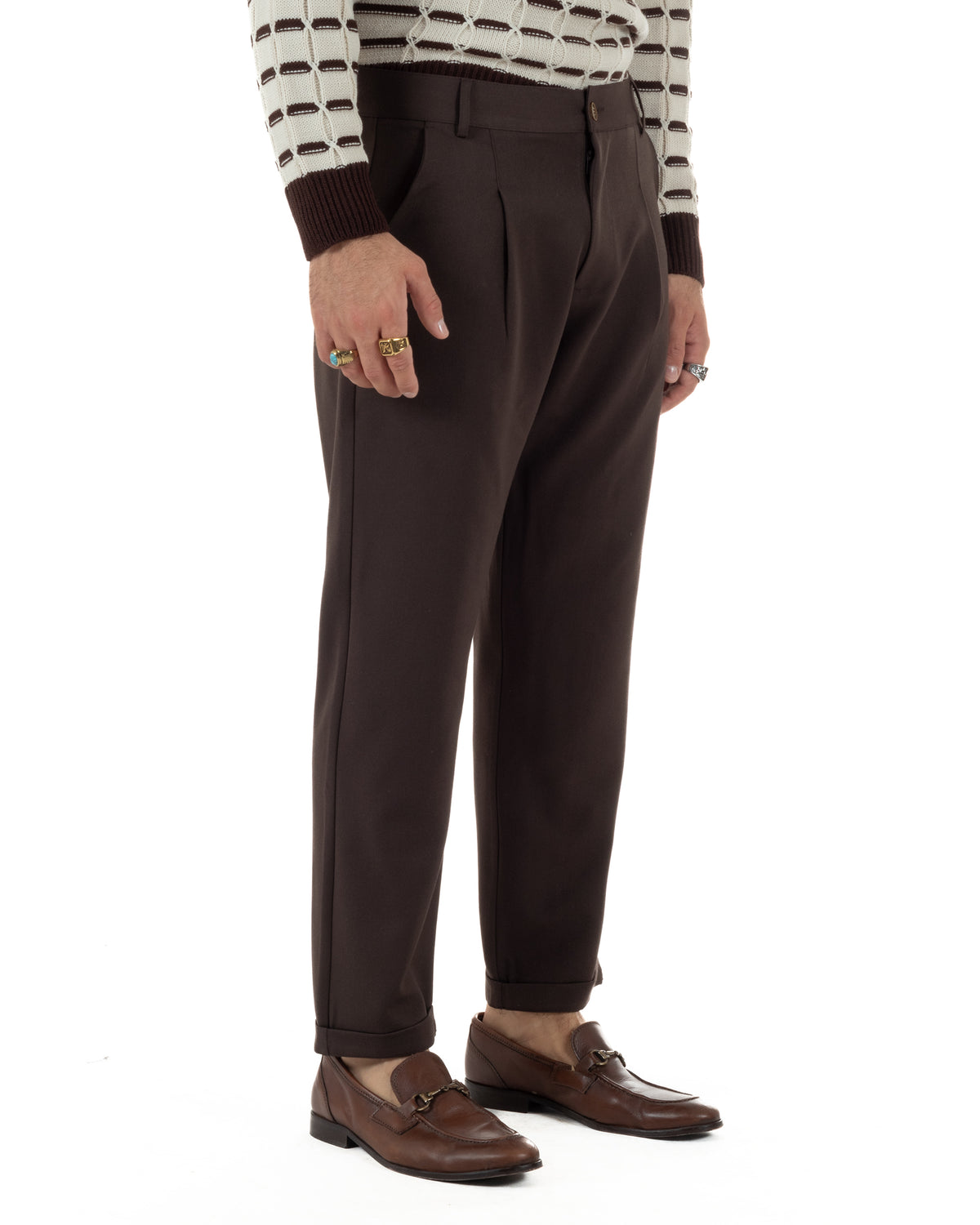 Pantaloni uomo viscosa eleganti affusolata con pinces marrone GIOSAL-P6535A