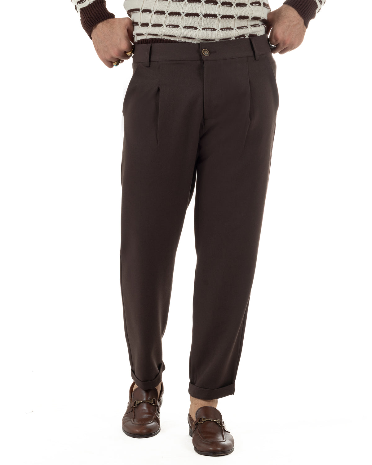 Pantaloni uomo viscosa eleganti affusolata con pinces marrone GIOSAL-P6535A