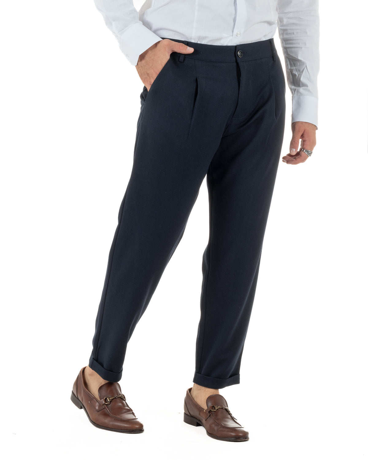 Pantaloni uomo viscosa eleganti affusolata con pinces blu GIOSAL-P6537A