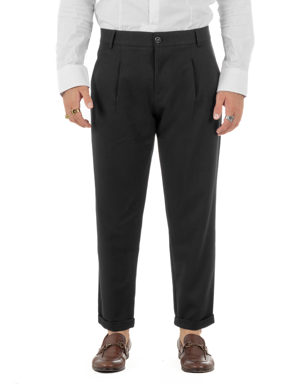 Pantaloni uomo viscosa eleganti affusolata con pinces nero GIOSAL-P6538A