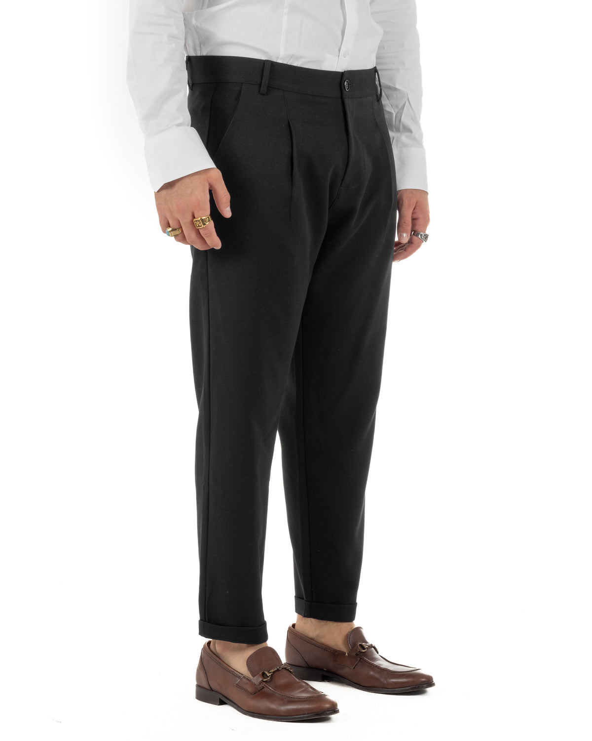 Pantaloni uomo viscosa eleganti affusolata con pinces nero GIOSAL-P6538A
