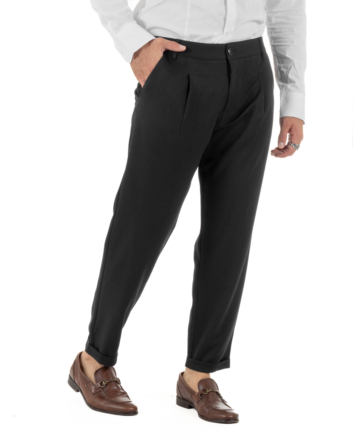 Pantaloni uomo viscosa eleganti affusolata con pinces nero GIOSAL-P6538A