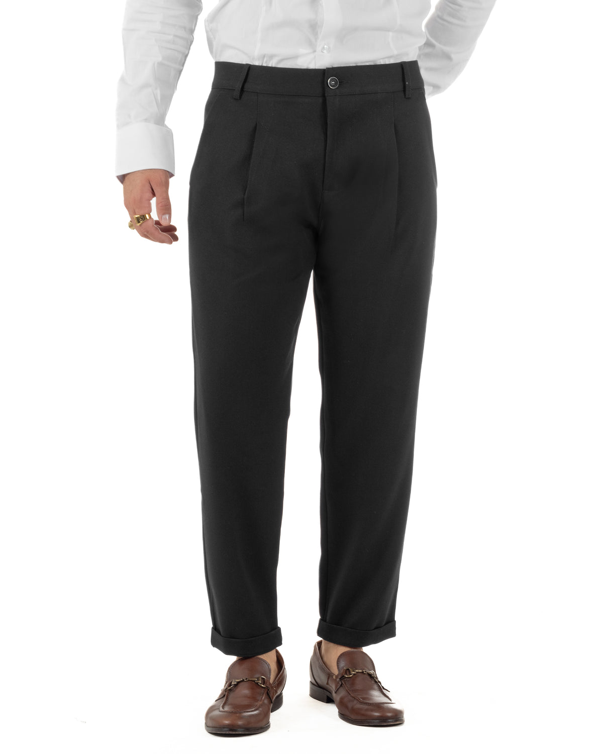Pantaloni uomo viscosa eleganti affusolata con pinces nero GIOSAL-P6538A
