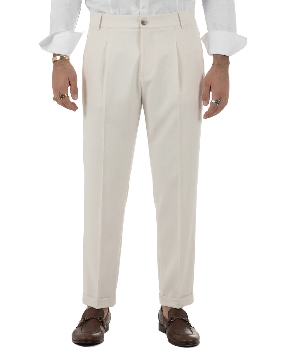 Pantaloni uomo viscosa eleganti affusolata con pinces panna GIOSAL-P6539A
