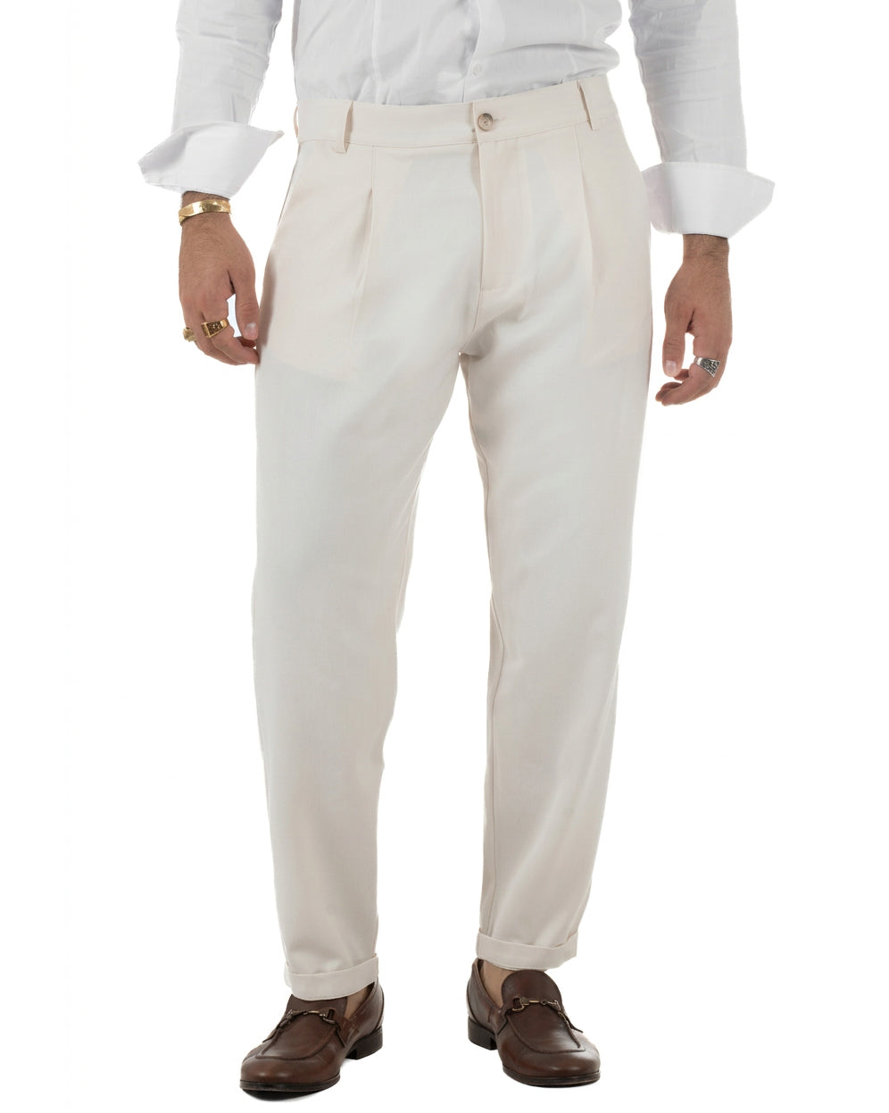 Pantaloni uomo viscosa eleganti affusolata con pinces panna GIOSAL-P6539A