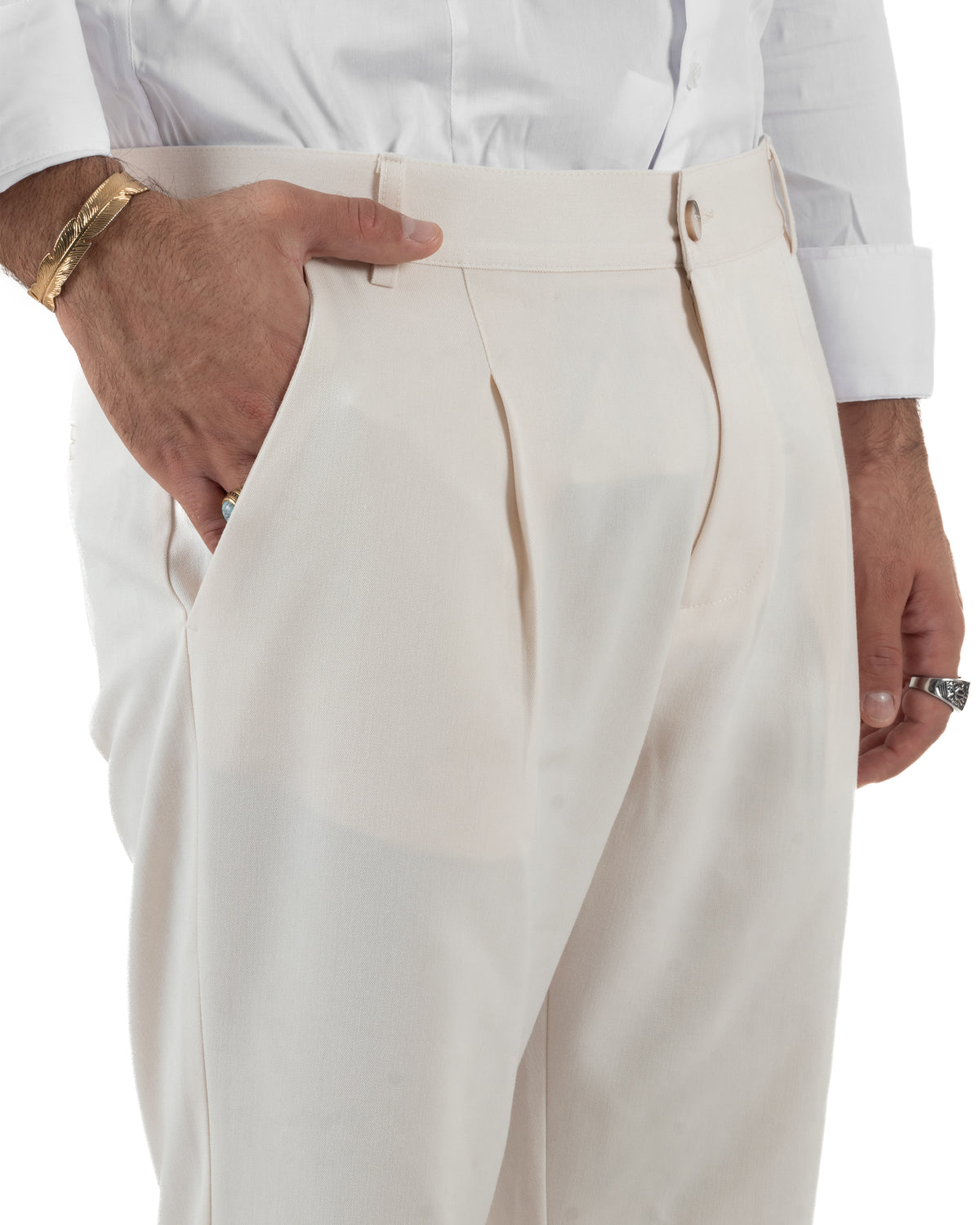 Pantaloni uomo viscosa eleganti affusolata con pinces panna GIOSAL-P6539A