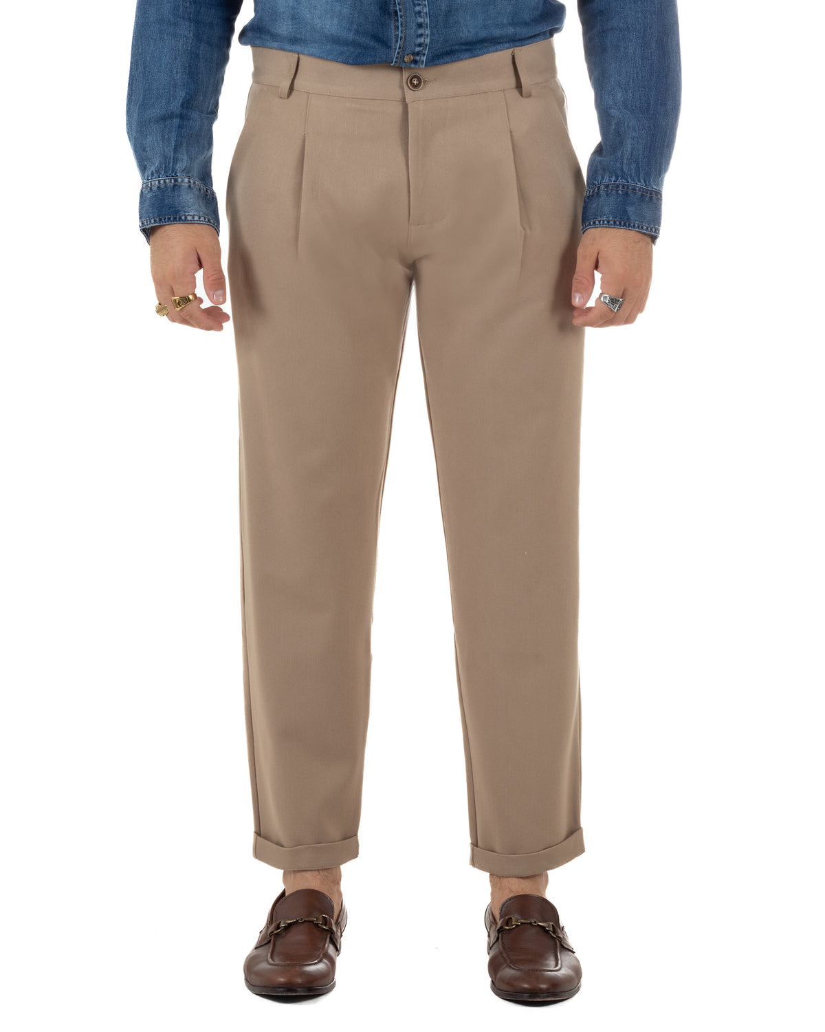 Pantaloni uomo viscosa eleganti affusolata con pinces beige GIOSAL-P6540A