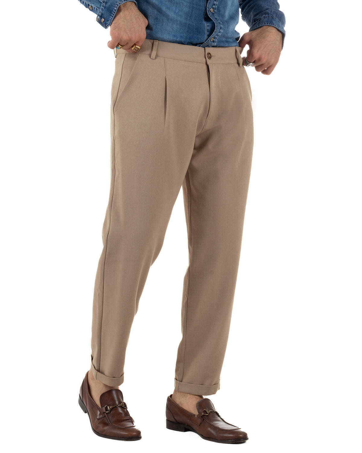 Pantaloni uomo viscosa eleganti affusolata con pinces beige GIOSAL-P6540A