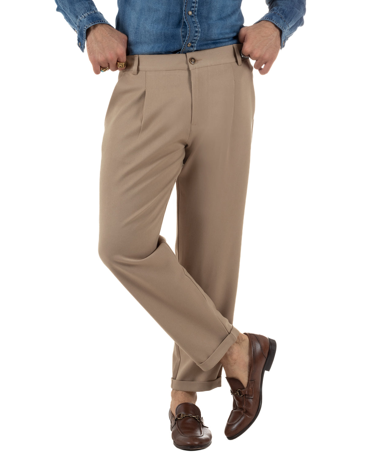 Pantaloni uomo viscosa eleganti affusolata con pinces beige GIOSAL-P6540A