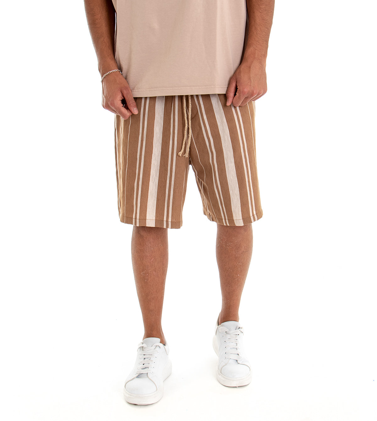 Bermuda Pantaloncino Uomo Shorts Rigato Camel Elastico GIOSAL-PC1543A