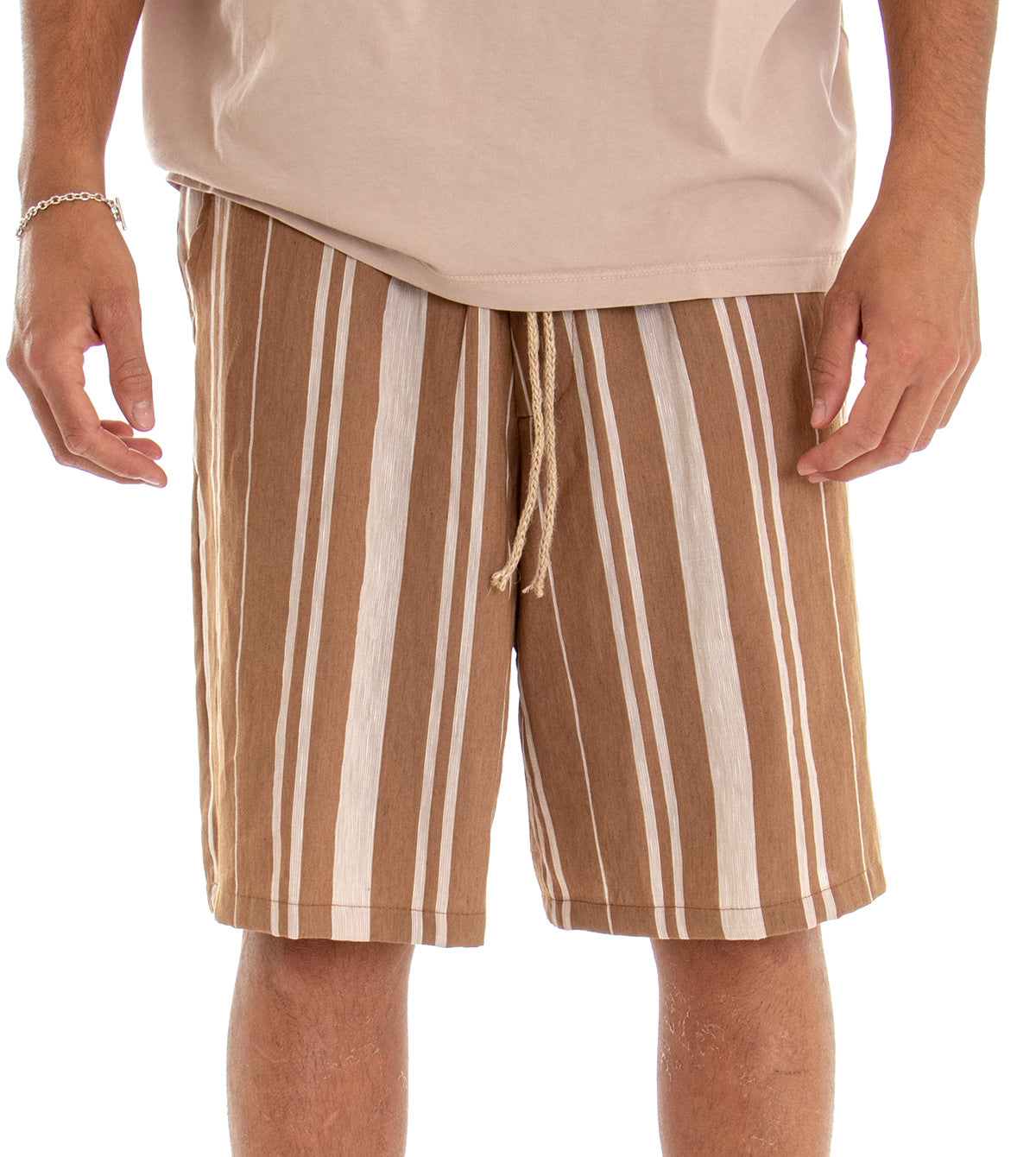 Bermuda Pantaloncino Uomo Shorts Rigato Camel Elastico GIOSAL-PC1543A