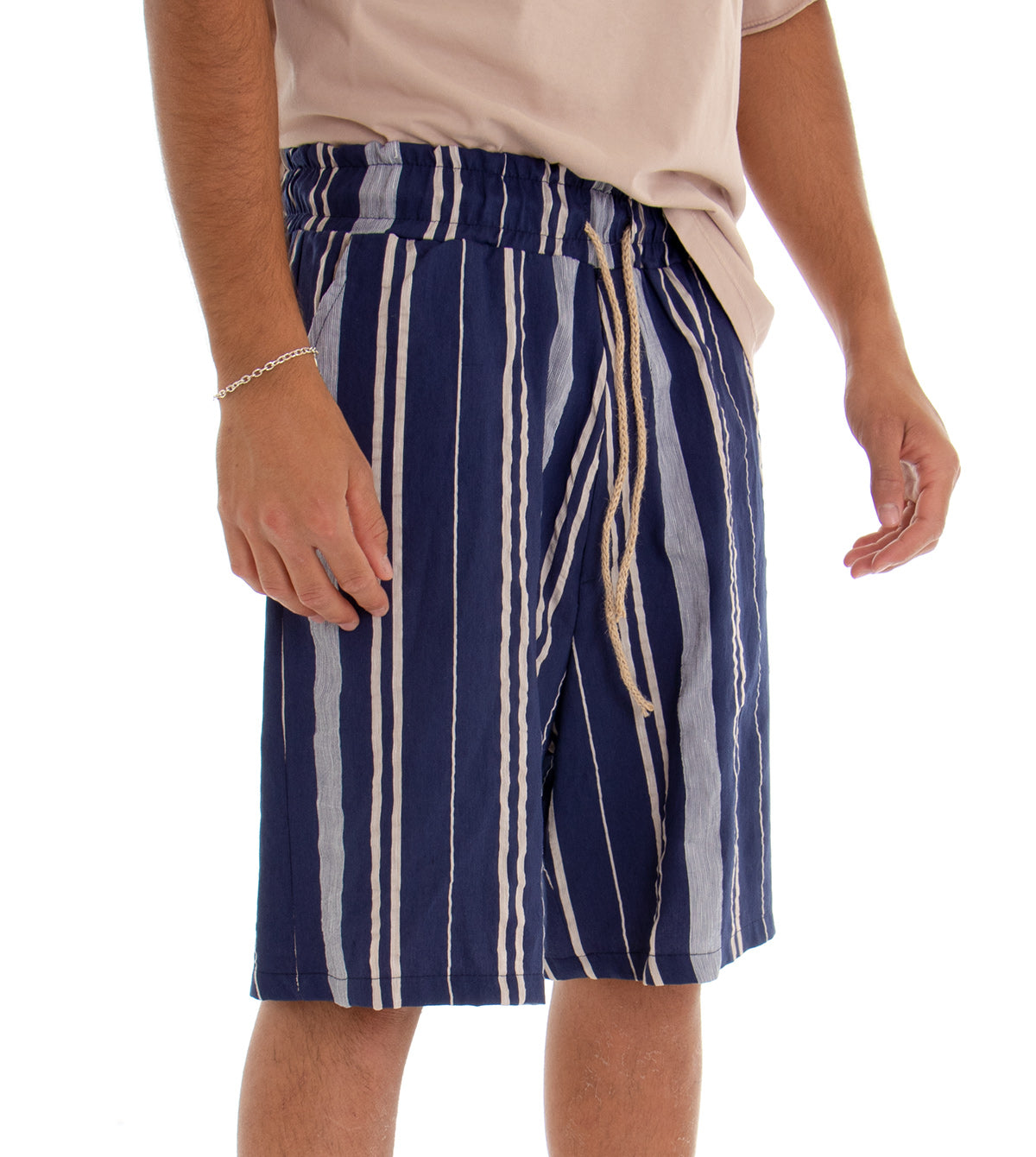 Bermuda Pantaloncino Uomo Shorts Rigato Blu Elastico GIOSAL-PC1544A